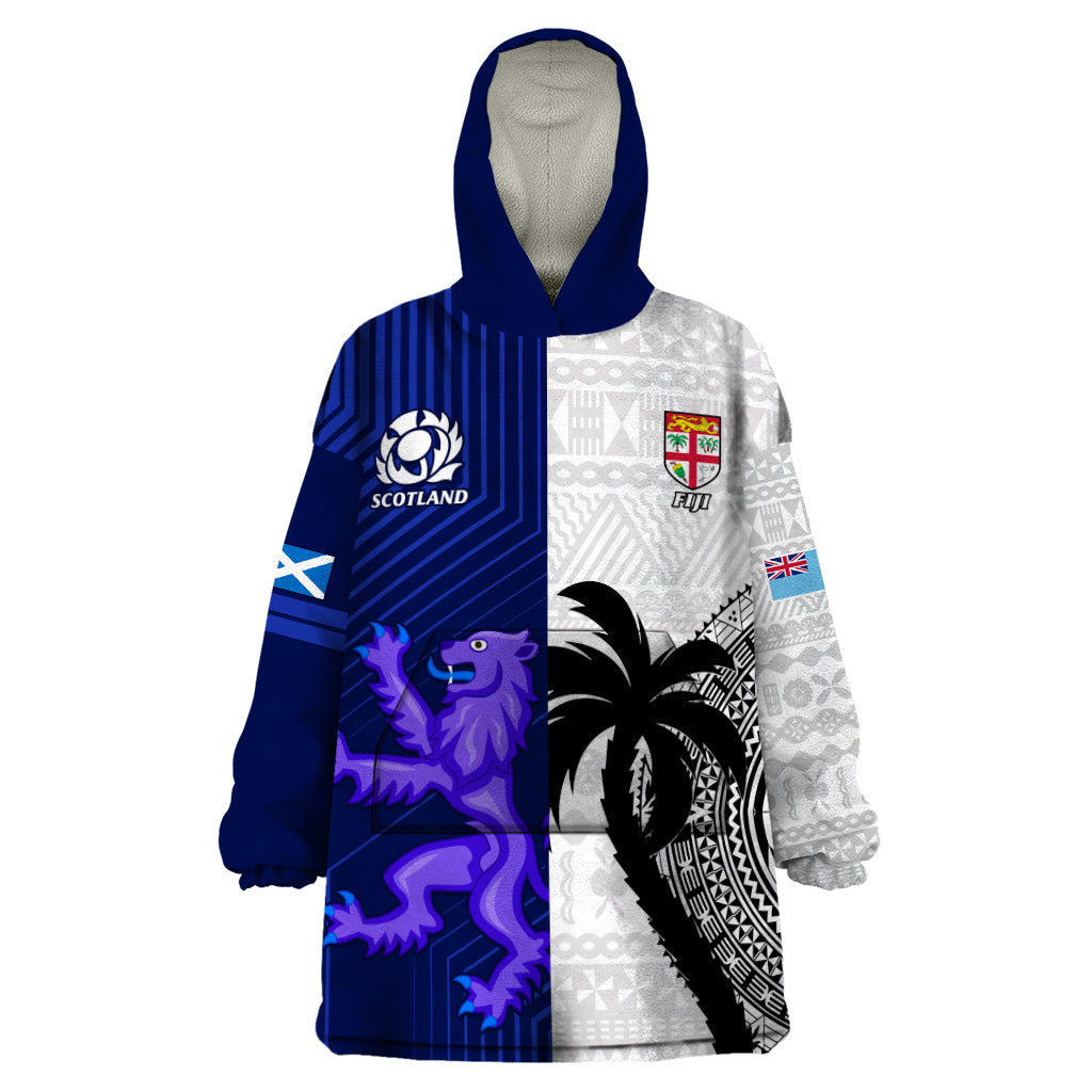 Custom Fiji And Scotland Rugby Wearable Blanket Hoodie Fijian Tapa Pattern With Thistle - Wonder Print Shop