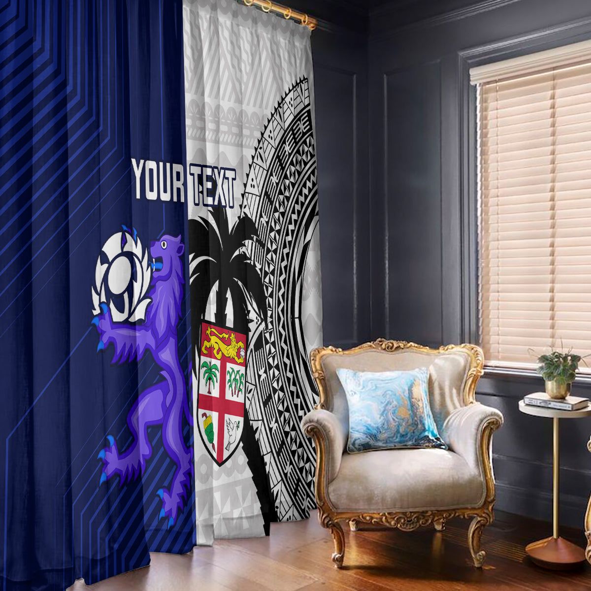 Custom Fiji And Scotland Rugby Window Curtain Fijian Tapa Pattern With Thistle - Wonder Print Shop