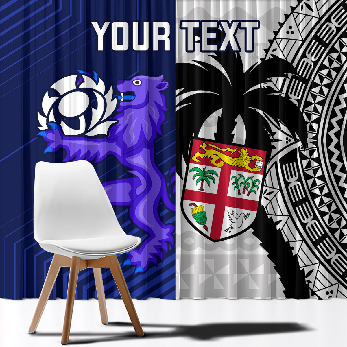 Custom Fiji And Scotland Rugby Window Curtain Fijian Tapa Pattern With Thistle - Wonder Print Shop