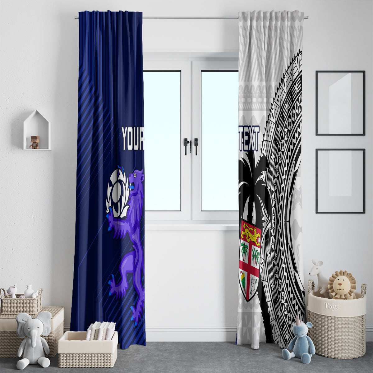 Custom Fiji And Scotland Rugby Window Curtain Fijian Tapa Pattern With Thistle - Wonder Print Shop