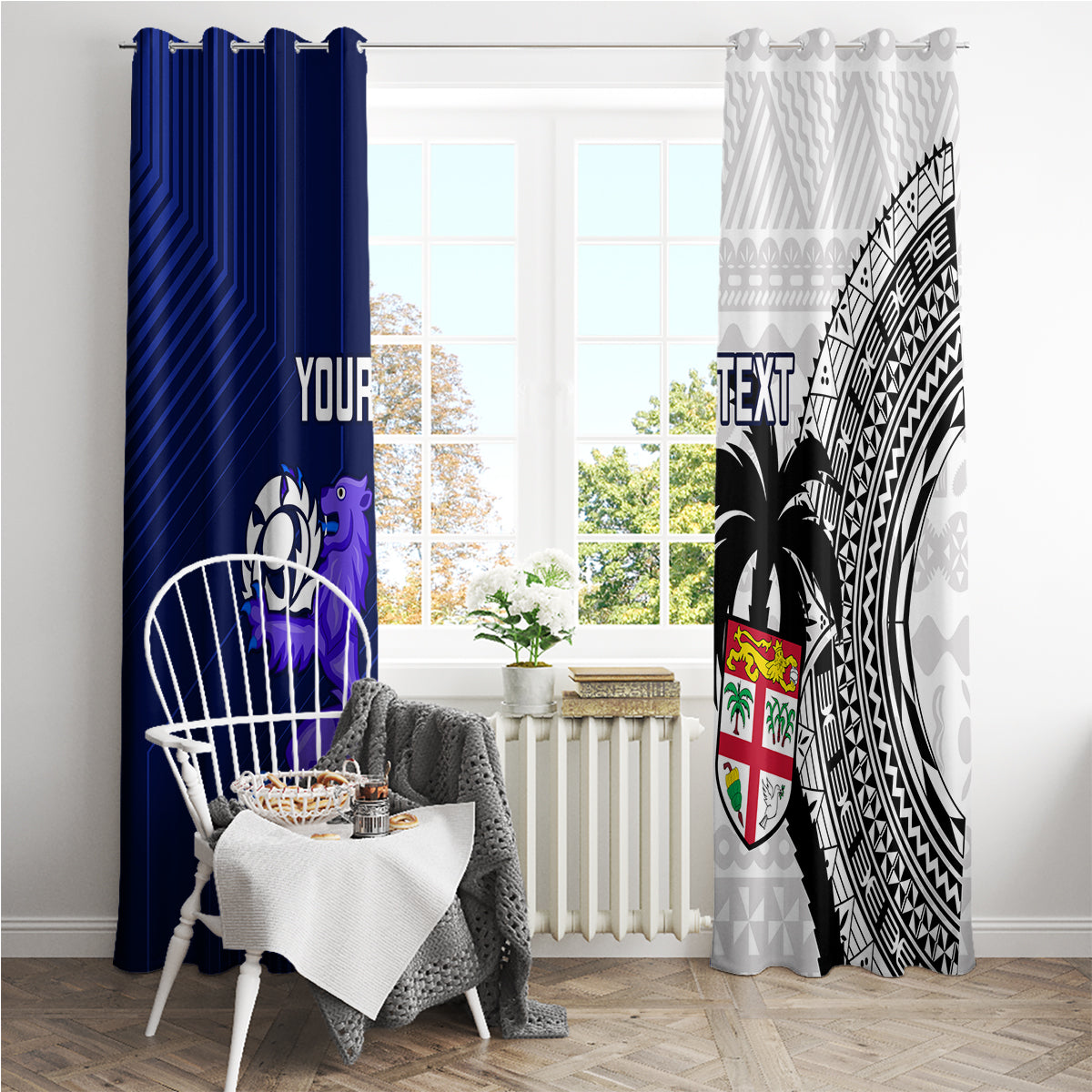 Custom Fiji And Scotland Rugby Window Curtain Fijian Tapa Pattern With Thistle - Wonder Print Shop