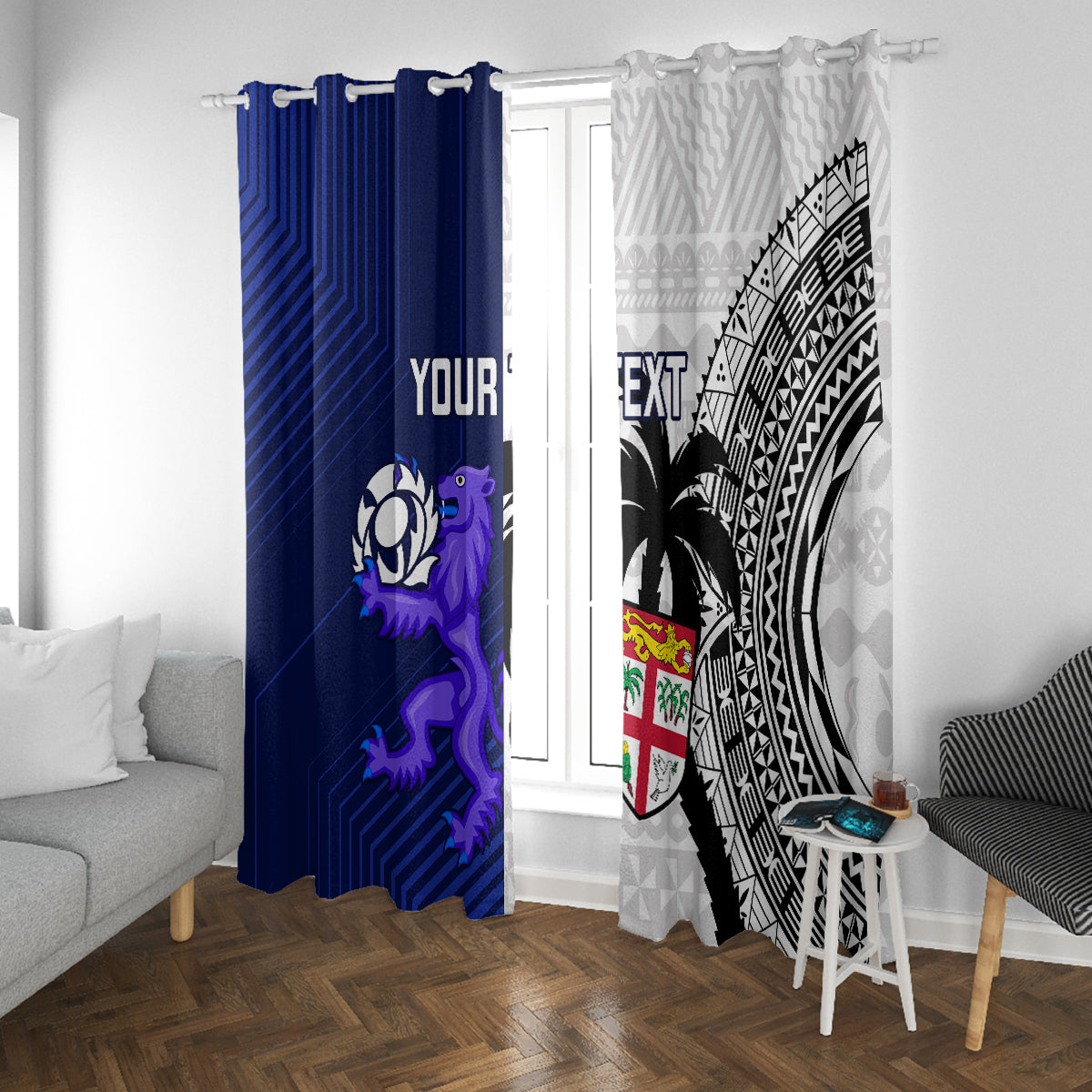 Custom Fiji And Scotland Rugby Window Curtain Fijian Tapa Pattern With Thistle - Wonder Print Shop