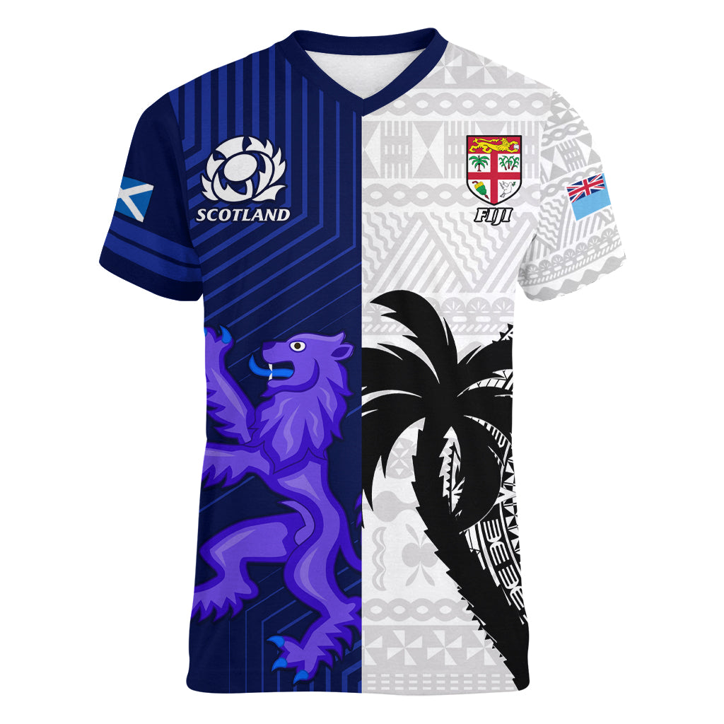 Custom Fiji And Scotland Rugby Women V Neck T Shirt Fijian Tapa Pattern With Thistle - Wonder Print Shop
