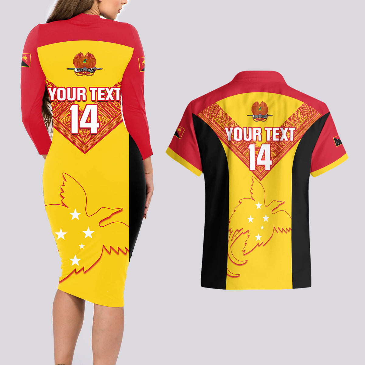 Custom Papua New Guinea Rubgby Couples Matching Long Sleeve Bodycon Dress and Hawaiian Shirt Pacific 2023 Go PNG Kumuls - Wonder Print Shop