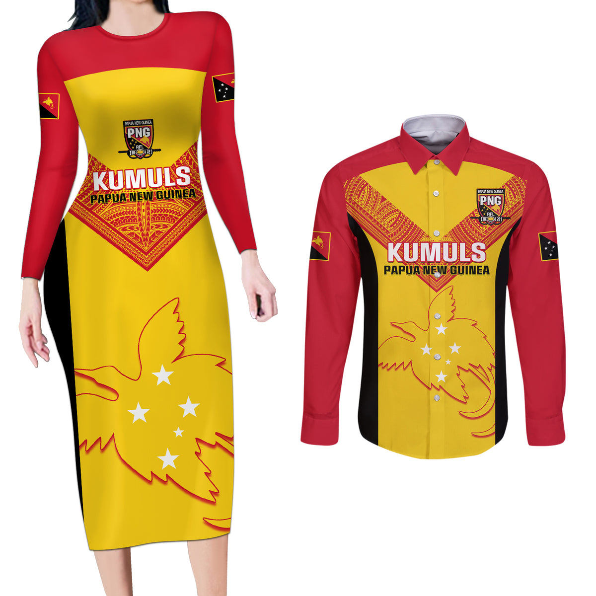 Custom Papua New Guinea Rubgby Couples Matching Long Sleeve Bodycon Dress and Long Sleeve Button Shirts Pacific 2023 Go PNG Kumuls - Wonder Print Shop