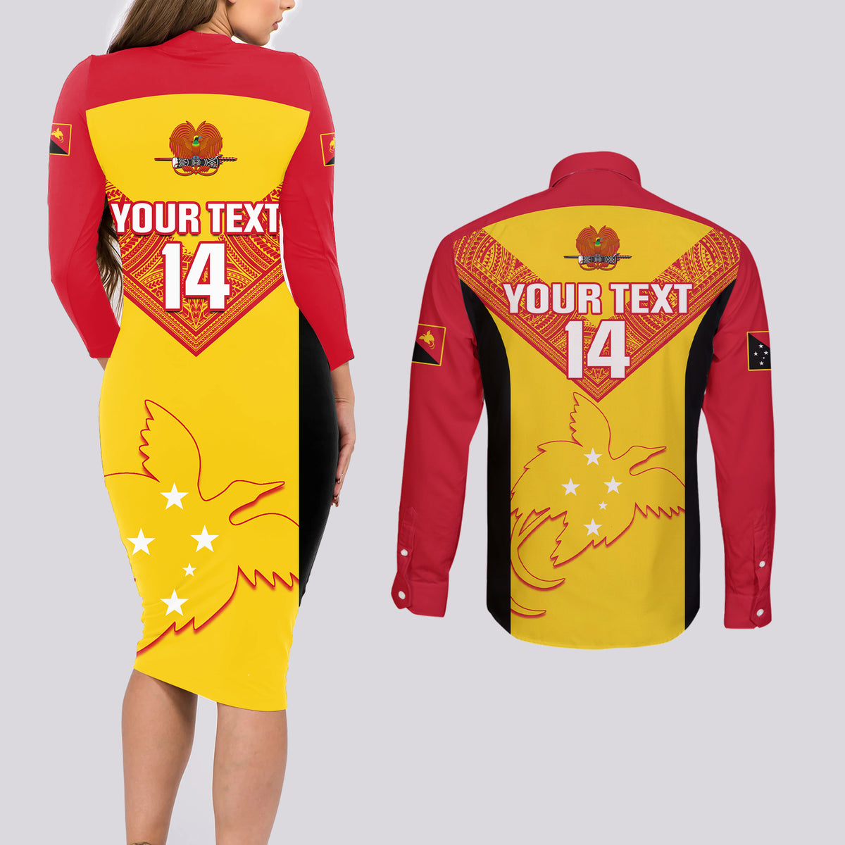 Custom Papua New Guinea Rubgby Couples Matching Long Sleeve Bodycon Dress and Long Sleeve Button Shirts Pacific 2023 Go PNG Kumuls - Wonder Print Shop