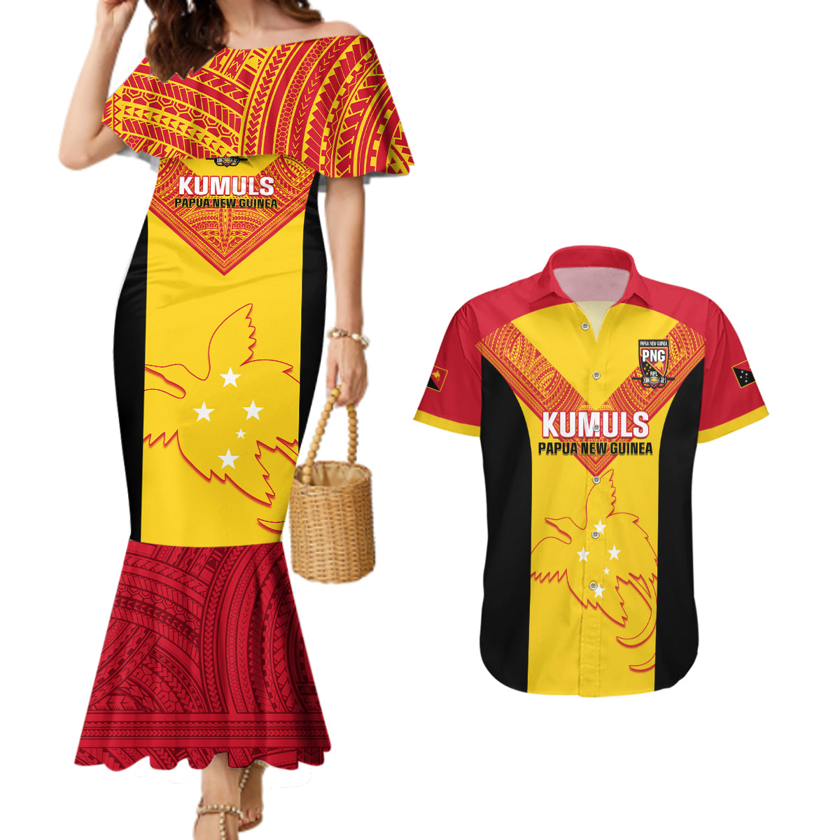 Custom Papua New Guinea Rubgby Couples Matching Mermaid Dress and Hawaiian Shirt Pacific 2023 Go PNG Kumuls - Wonder Print Shop