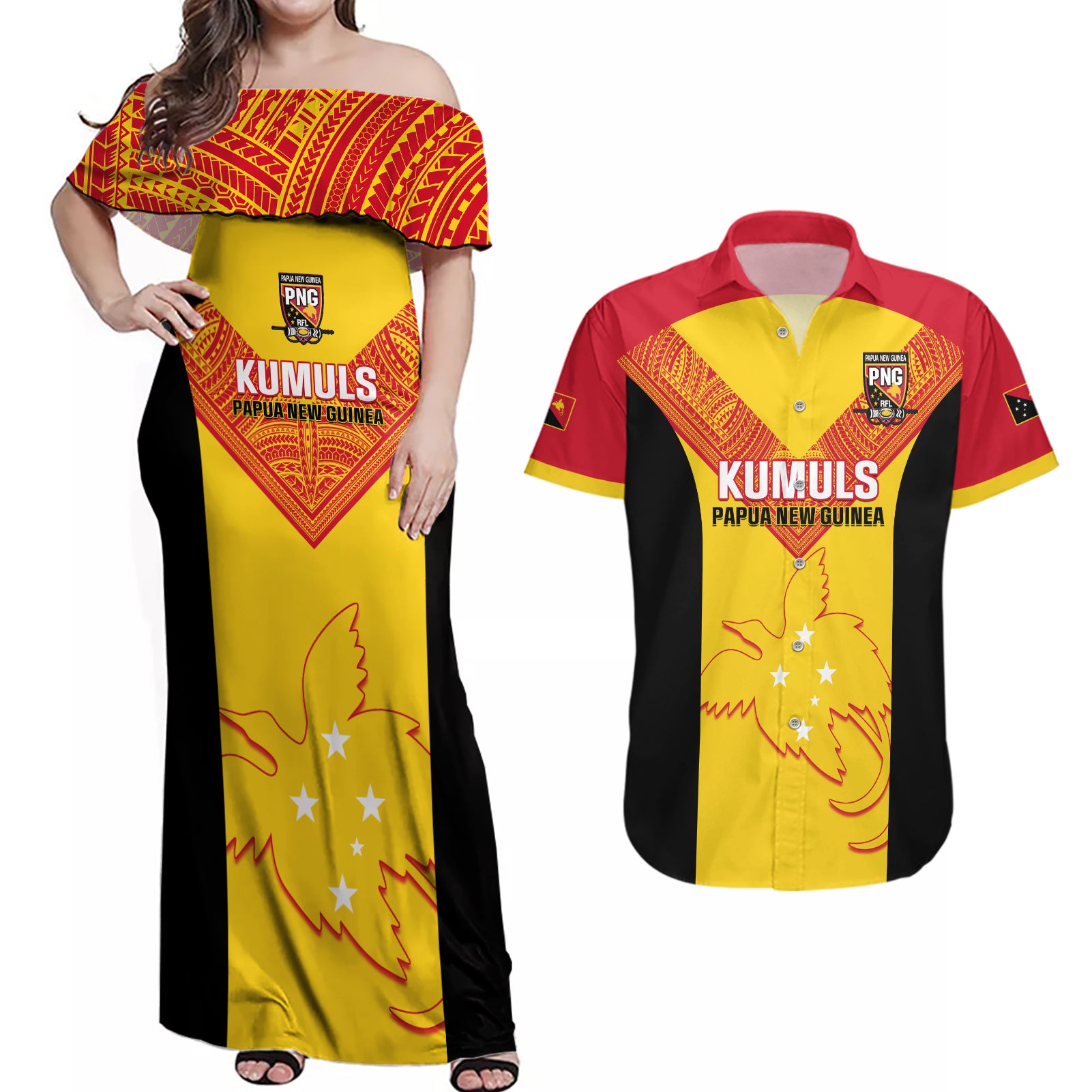 Custom Papua New Guinea Rubgby Couples Matching Off Shoulder Maxi Dress and Hawaiian Shirt Pacific 2023 Go PNG Kumuls - Wonder Print Shop