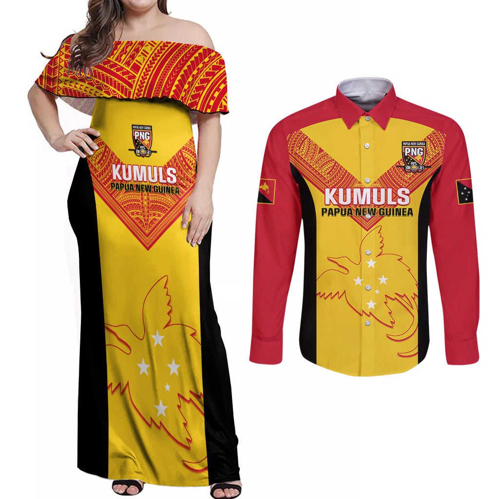 Custom Papua New Guinea Rubgby Couples Matching Off Shoulder Maxi Dress and Long Sleeve Button Shirts Pacific 2023 Go PNG Kumuls - Wonder Print Shop