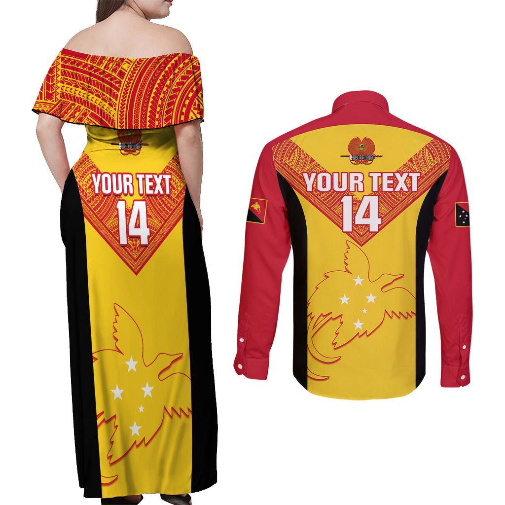 Custom Papua New Guinea Rubgby Couples Matching Off Shoulder Maxi Dress and Long Sleeve Button Shirts Pacific 2023 Go PNG Kumuls - Wonder Print Shop