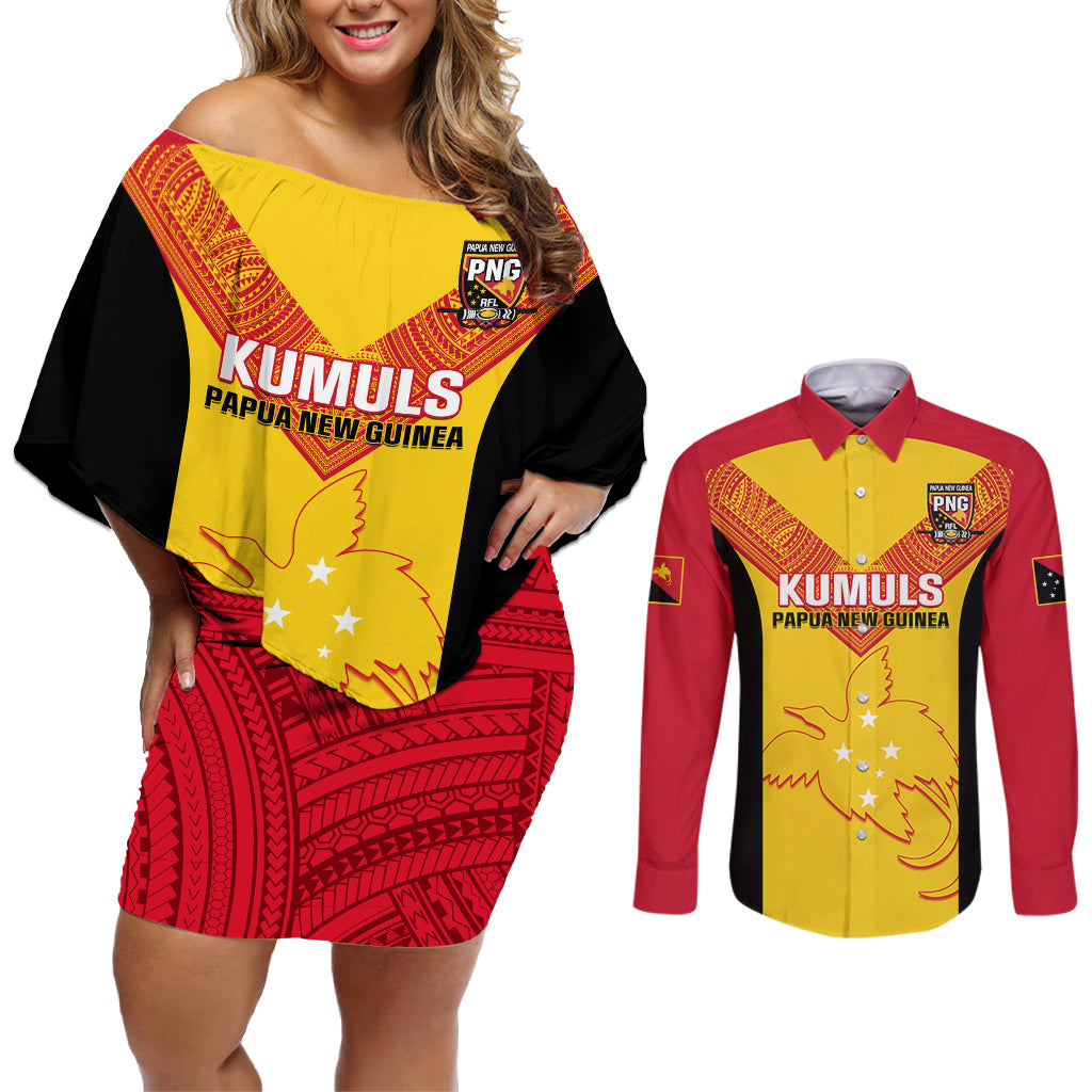 Custom Papua New Guinea Rubgby Couples Matching Off Shoulder Short Dress and Long Sleeve Button Shirts Pacific 2023 Go PNG Kumuls - Wonder Print Shop