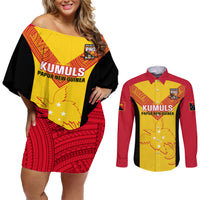 Custom Papua New Guinea Rubgby Couples Matching Off Shoulder Short Dress and Long Sleeve Button Shirts Pacific 2023 Go PNG Kumuls - Wonder Print Shop