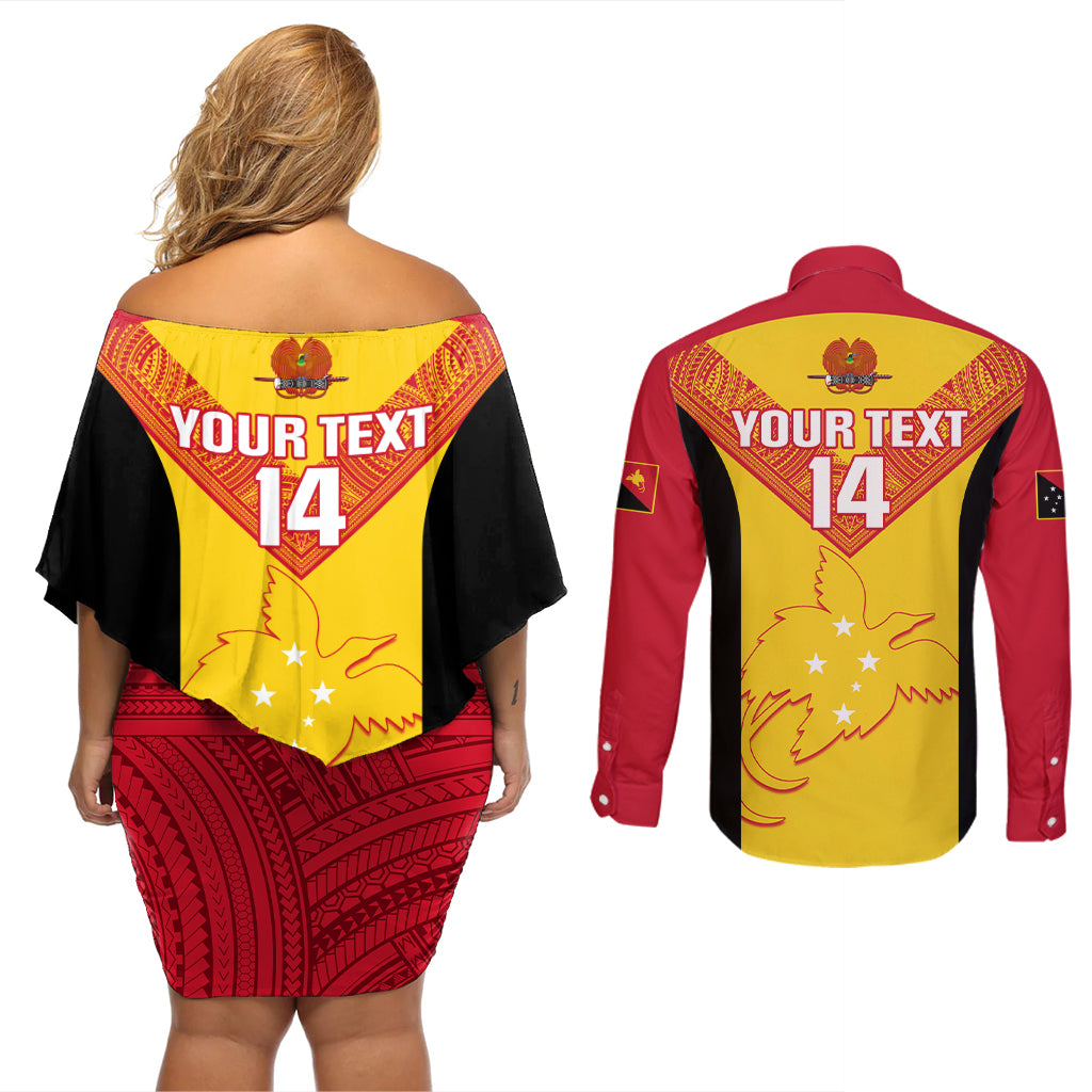 Custom Papua New Guinea Rubgby Couples Matching Off Shoulder Short Dress and Long Sleeve Button Shirts Pacific 2023 Go PNG Kumuls - Wonder Print Shop