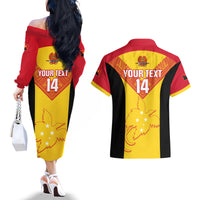 Custom Papua New Guinea Rubgby Couples Matching Off The Shoulder Long Sleeve Dress and Hawaiian Shirt Pacific 2023 Go PNG Kumuls - Wonder Print Shop
