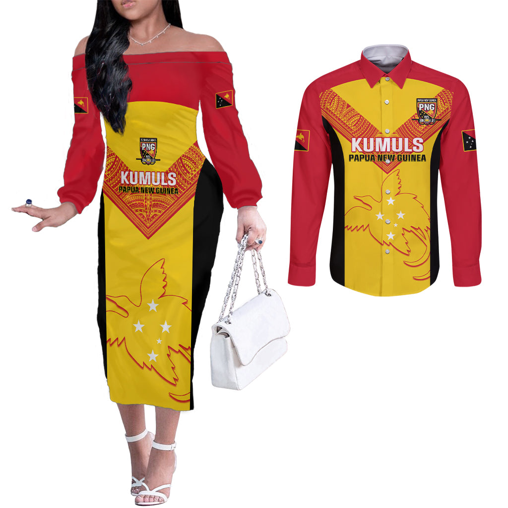 custom-papua-new-guinea-rubgby-couples-matching-off-the-shoulder-long-sleeve-dress-and-long-sleeve-button-shirts-pacific-2023-go-png-kumuls