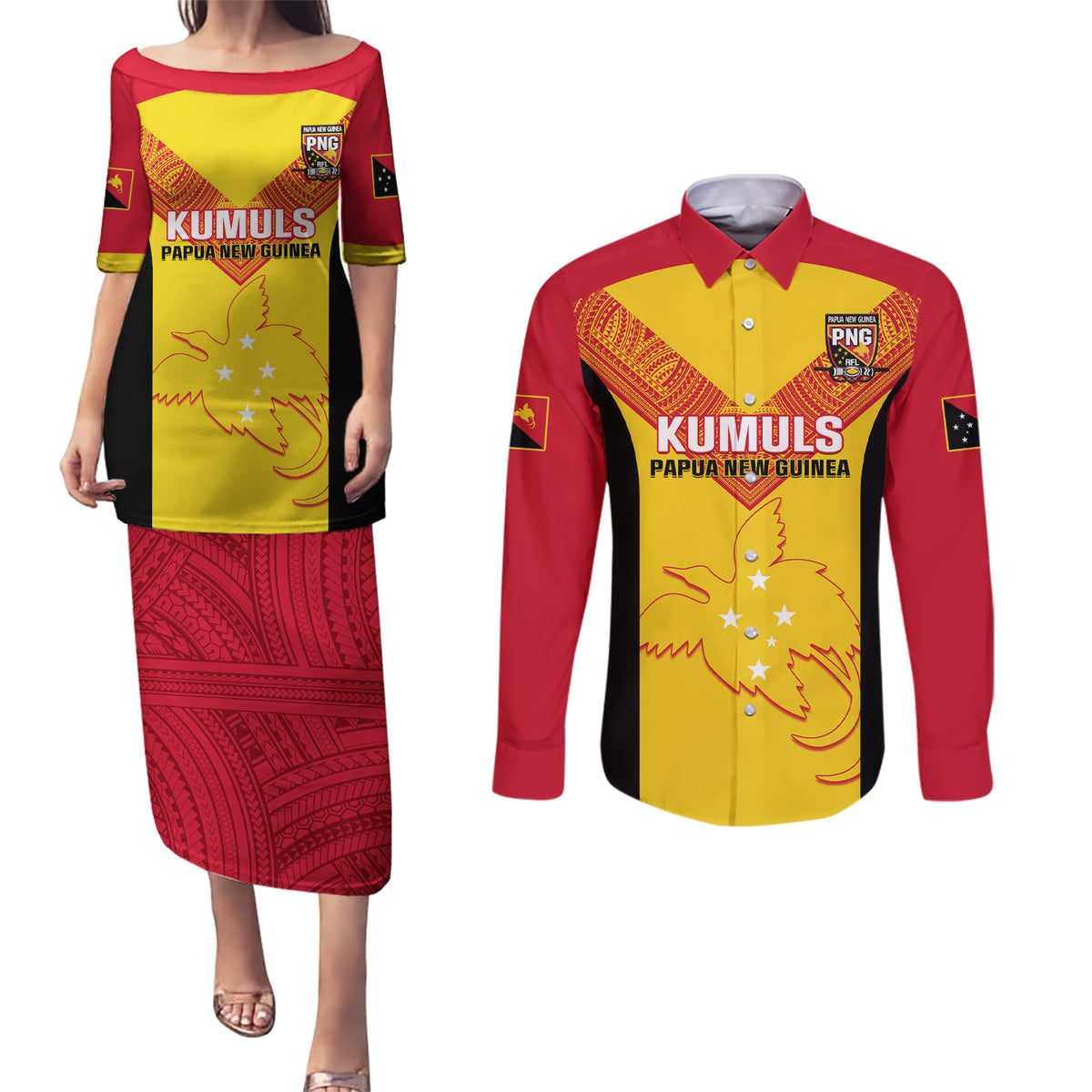 Custom Papua New Guinea Rubgby Couples Matching Puletasi Dress and Long Sleeve Button Shirts Pacific 2023 Go PNG Kumuls - Wonder Print Shop