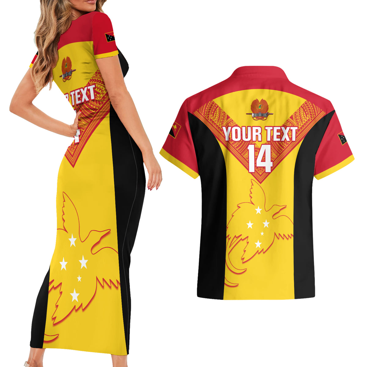 Custom Papua New Guinea Rubgby Couples Matching Short Sleeve Bodycon Dress and Hawaiian Shirt Pacific 2023 Go PNG Kumuls - Wonder Print Shop