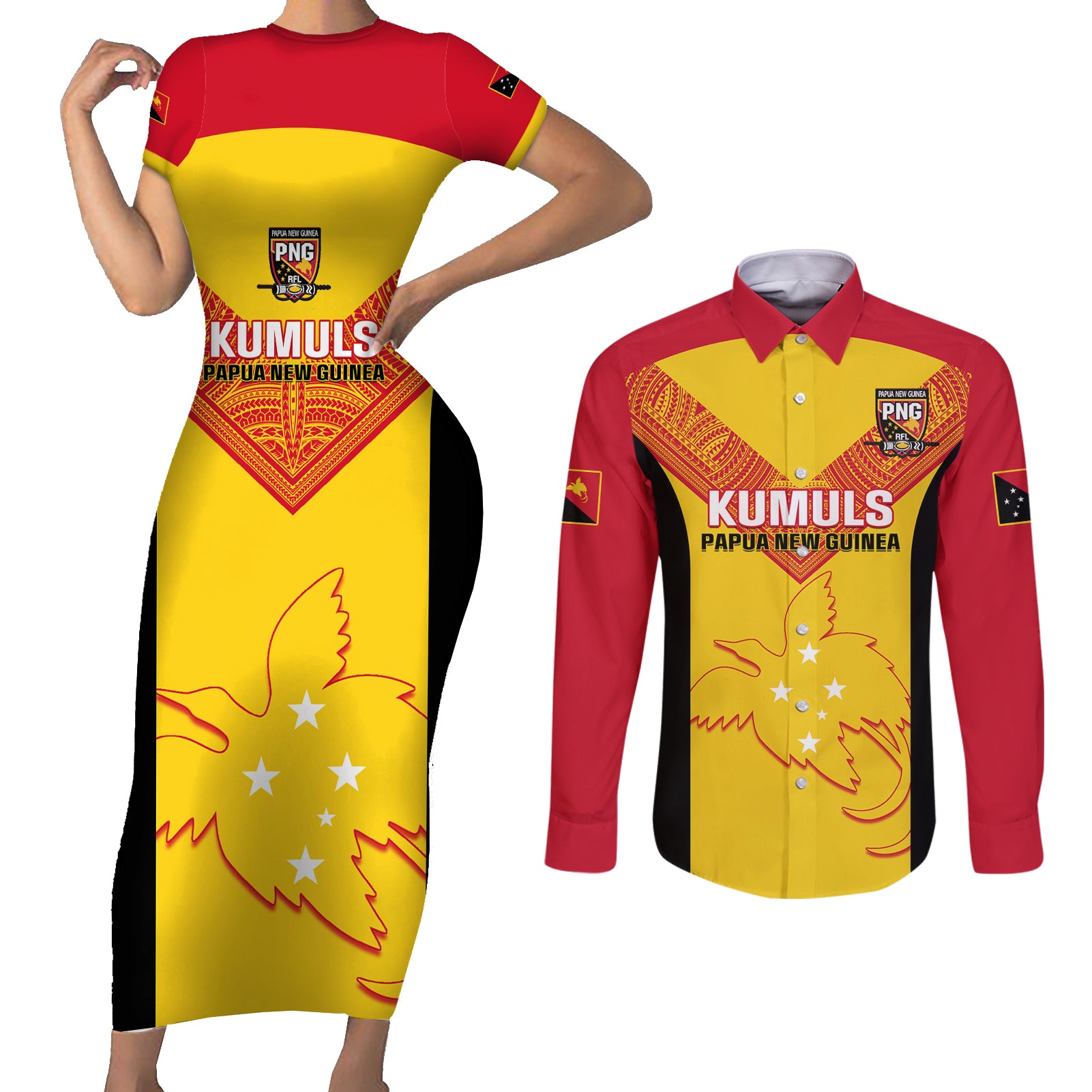 Custom Papua New Guinea Rubgby Couples Matching Short Sleeve Bodycon Dress and Long Sleeve Button Shirts Pacific 2023 Go PNG Kumuls - Wonder Print Shop