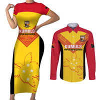Custom Papua New Guinea Rubgby Couples Matching Short Sleeve Bodycon Dress and Long Sleeve Button Shirts Pacific 2023 Go PNG Kumuls - Wonder Print Shop