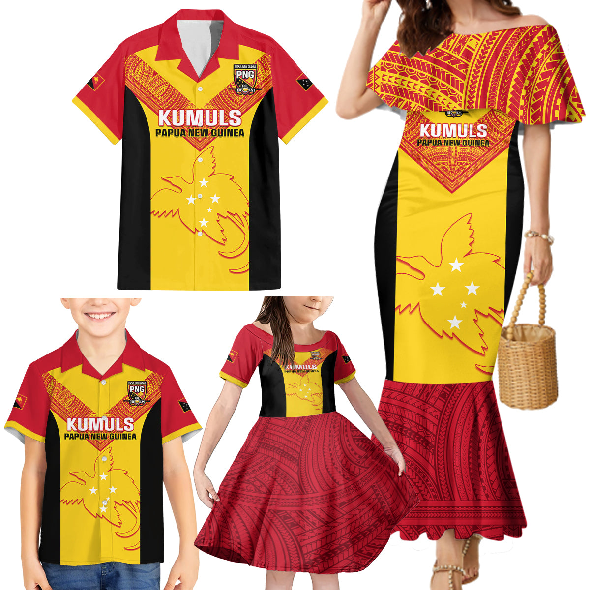 Custom Papua New Guinea Rubgby Family Matching Mermaid Dress and Hawaiian Shirt Pacific 2023 Go PNG Kumuls - Wonder Print Shop