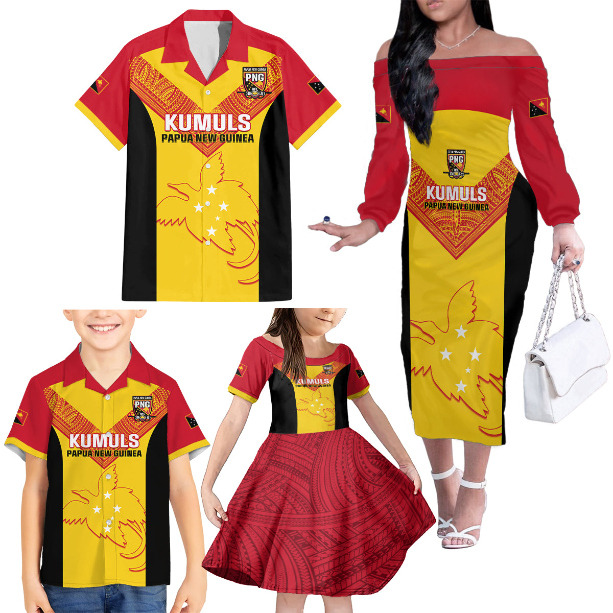 Custom Papua New Guinea Rubgby Family Matching Off Shoulder Long Sleeve Dress and Hawaiian Shirt Pacific 2023 Go PNG Kumuls - Wonder Print Shop