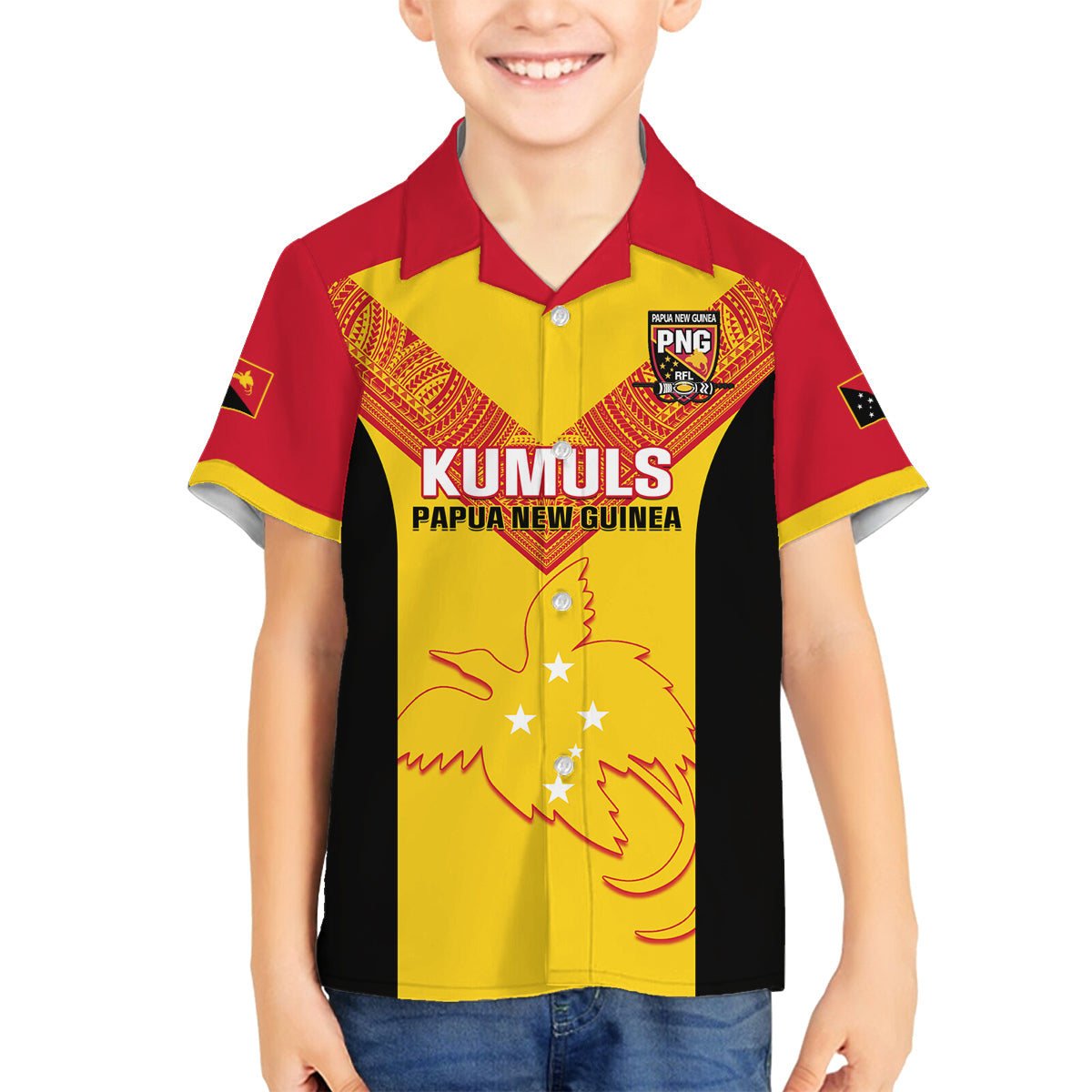 Custom Papua New Guinea Rubgby Family Matching Off Shoulder Long Sleeve Dress and Hawaiian Shirt Pacific 2023 Go PNG Kumuls - Wonder Print Shop