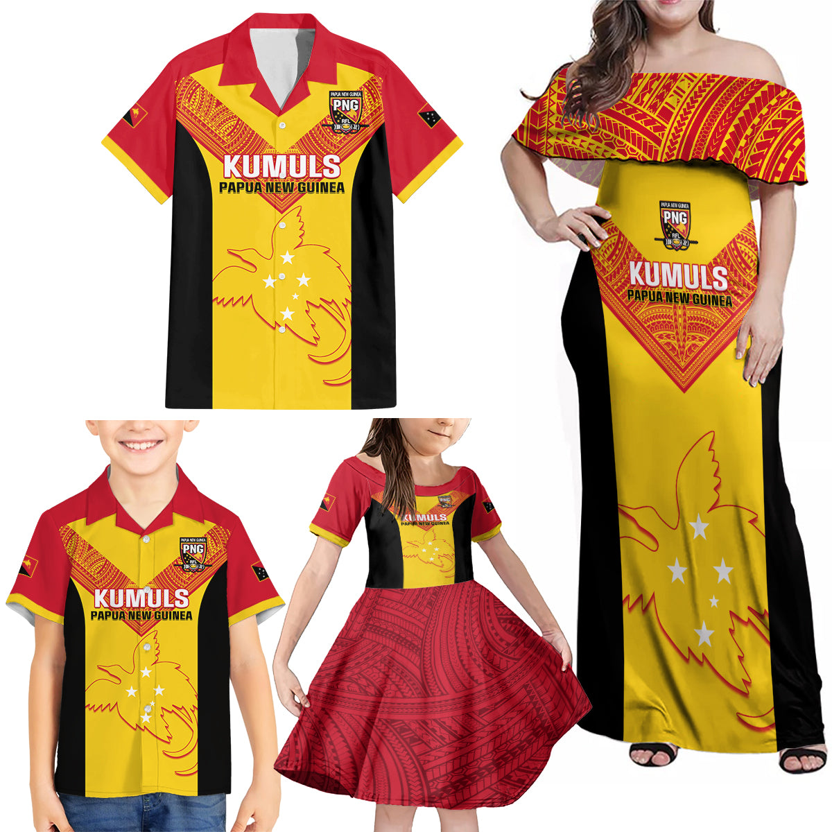 Custom Papua New Guinea Rubgby Family Matching Off Shoulder Maxi Dress and Hawaiian Shirt Pacific 2023 Go PNG Kumuls - Wonder Print Shop