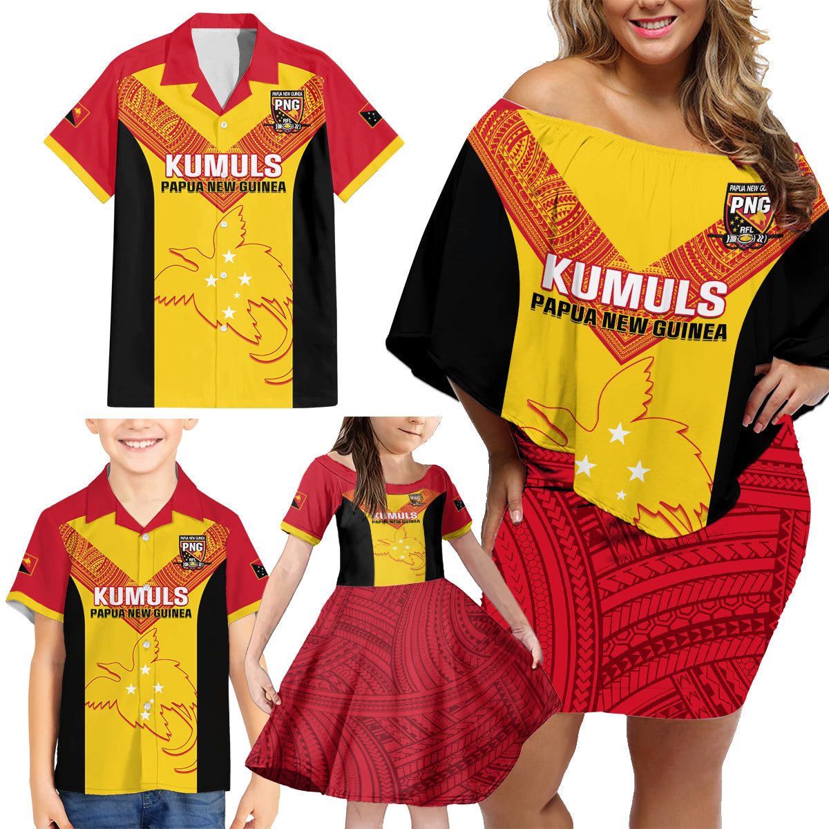 Custom Papua New Guinea Rubgby Family Matching Off Shoulder Short Dress and Hawaiian Shirt Pacific 2023 Go PNG Kumuls - Wonder Print Shop