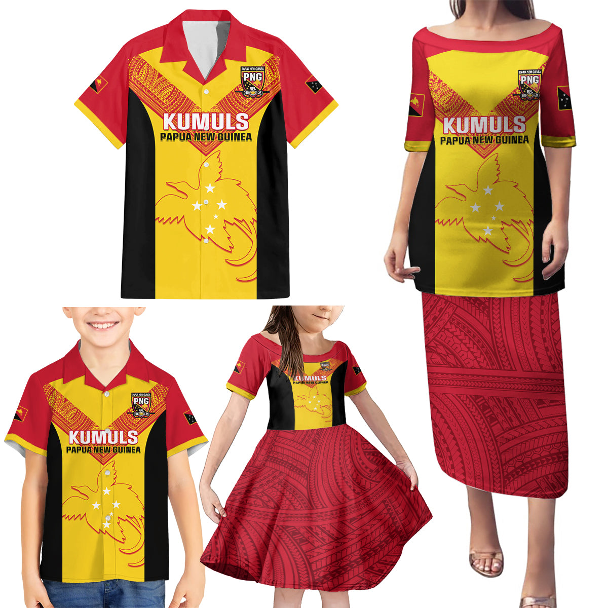 Custom Papua New Guinea Rubgby Family Matching Puletasi Dress and Hawaiian Shirt Pacific 2023 Go PNG Kumuls - Wonder Print Shop
