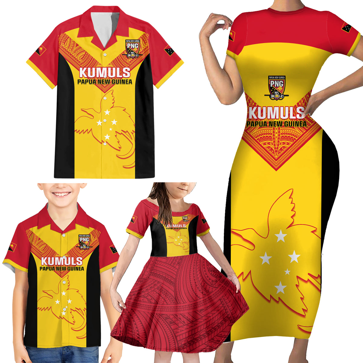 Custom Papua New Guinea Rubgby Family Matching Short Sleeve Bodycon Dress and Hawaiian Shirt Pacific 2023 Go PNG Kumuls - Wonder Print Shop