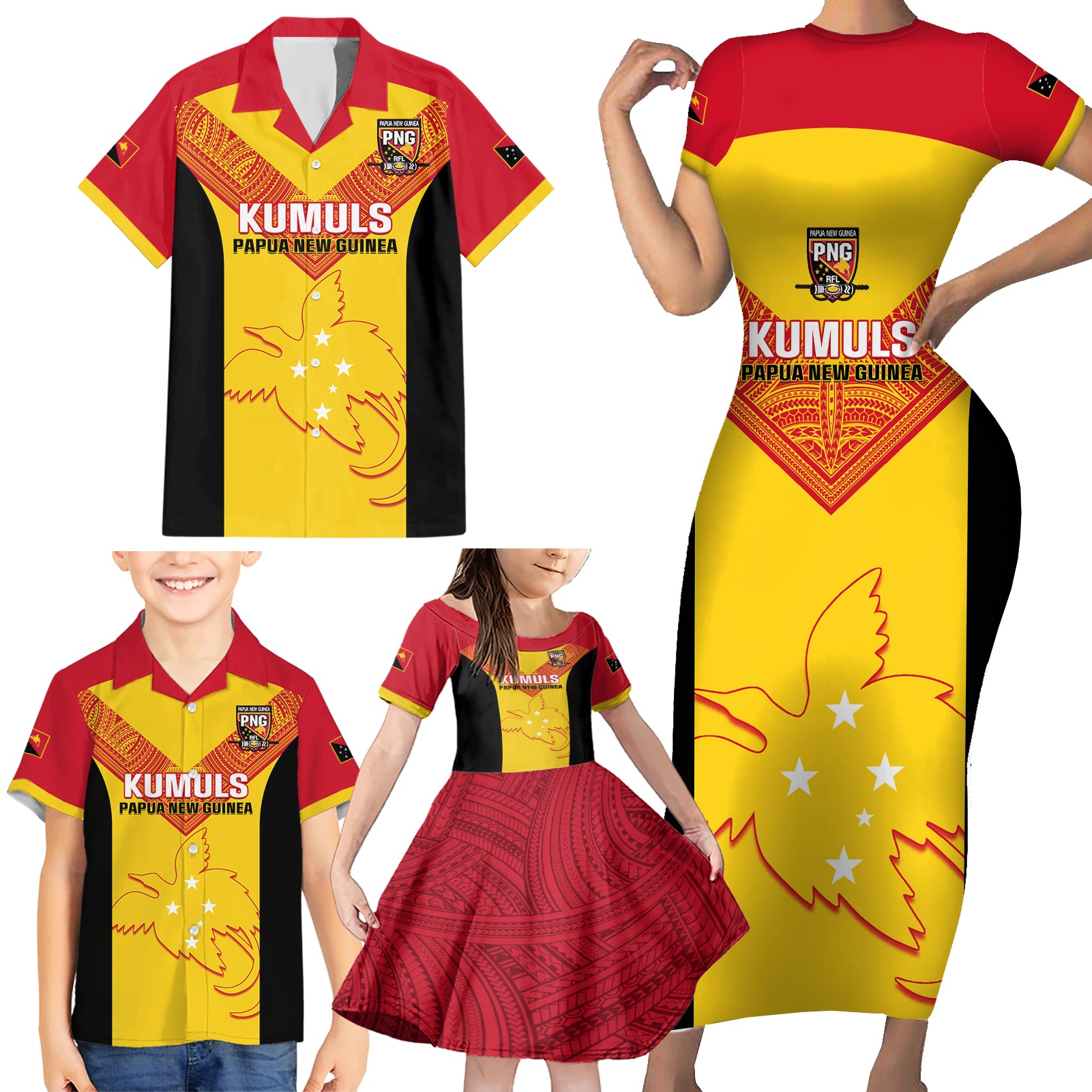 Custom Papua New Guinea Rubgby Family Matching Short Sleeve Bodycon Dress and Hawaiian Shirt Pacific 2023 Go PNG Kumuls - Wonder Print Shop