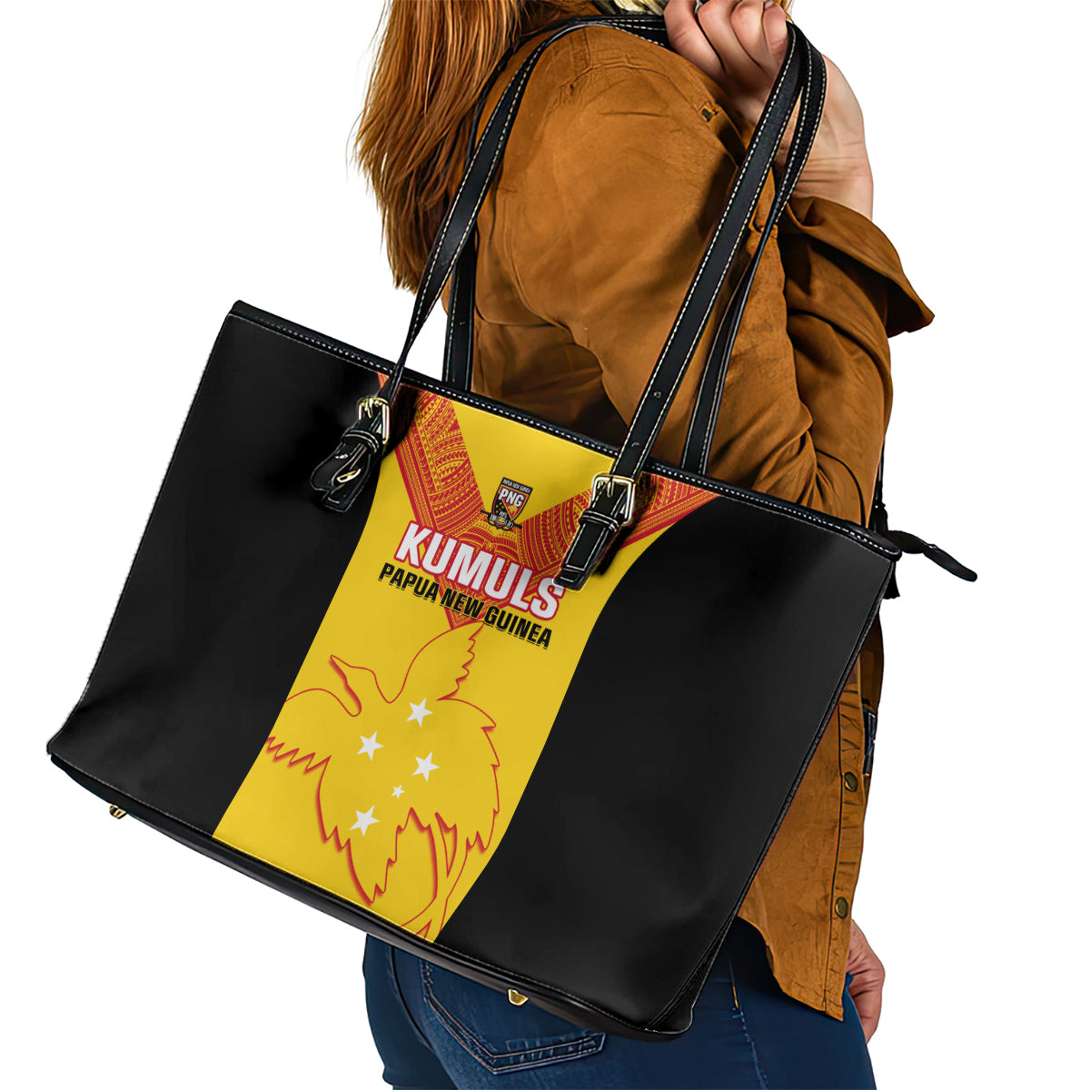 Papua New Guinea Rubgby Leather Tote Bag Pacific 2023 Go PNG Kumuls - Wonder Print Shop