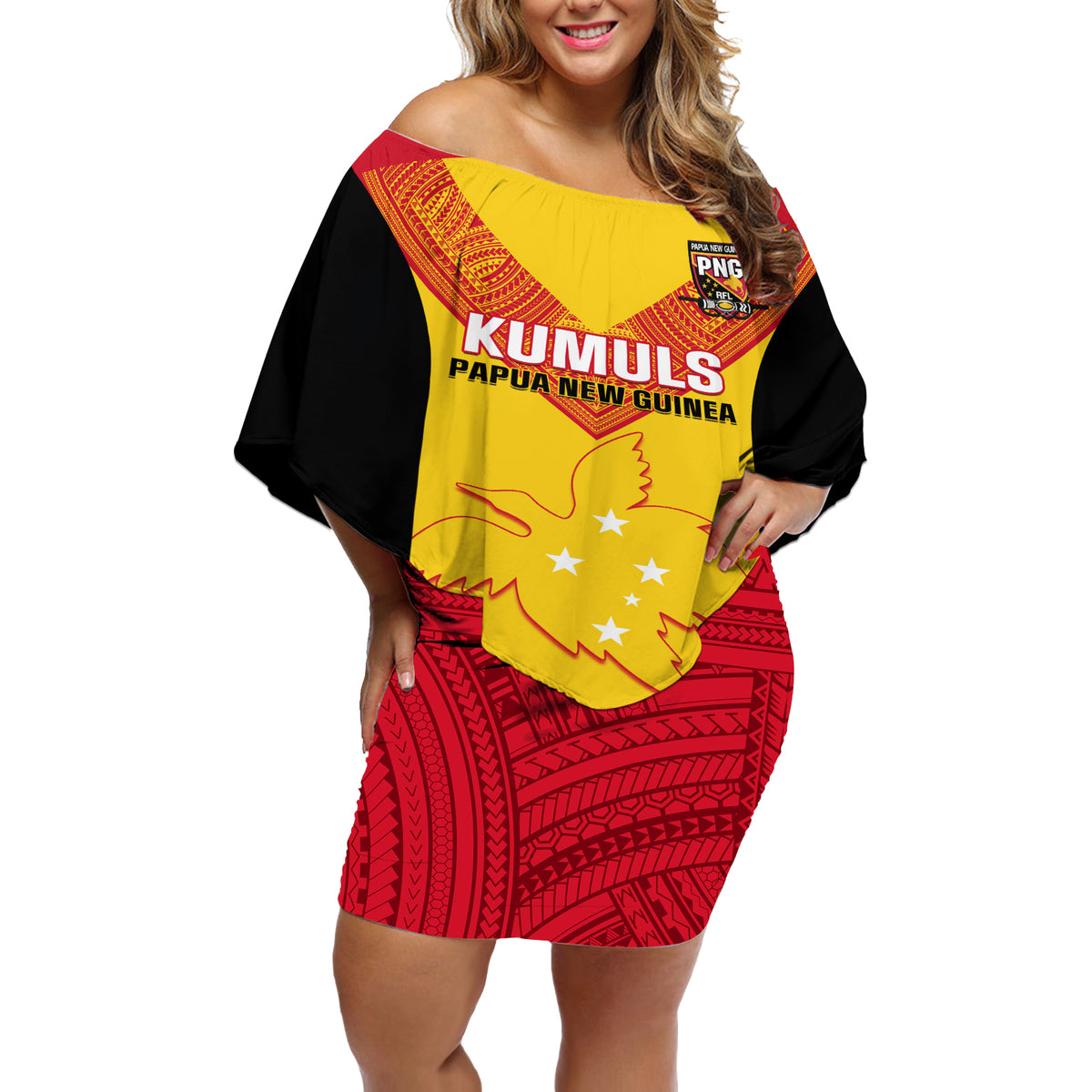 Custom Papua New Guinea Rubgby Off Shoulder Short Dress Pacific 2023 Go PNG Kumuls - Wonder Print Shop