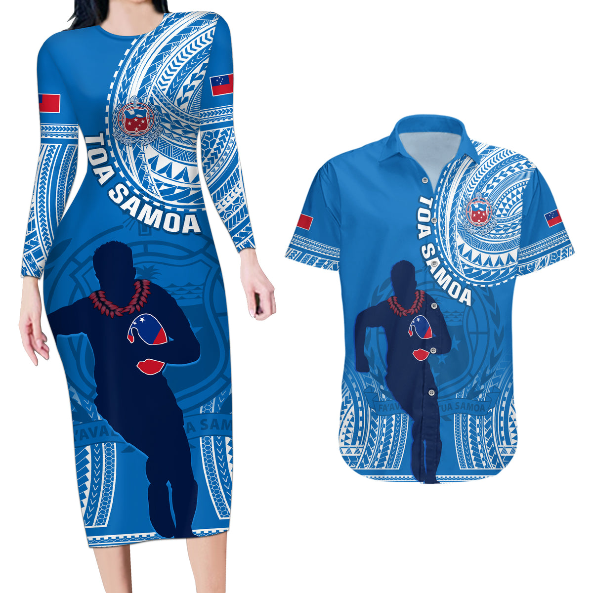 Custom Samoa Rugby Couples Matching Long Sleeve Bodycon Dress and Hawaiian Shirt Pacific 2023 Go Toa Samoa - Wonder Print Shop