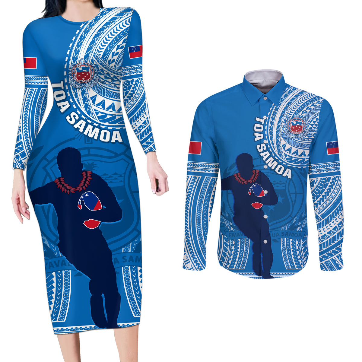 Custom Samoa Rugby Couples Matching Long Sleeve Bodycon Dress and Long Sleeve Button Shirts Pacific 2023 Go Toa Samoa - Wonder Print Shop