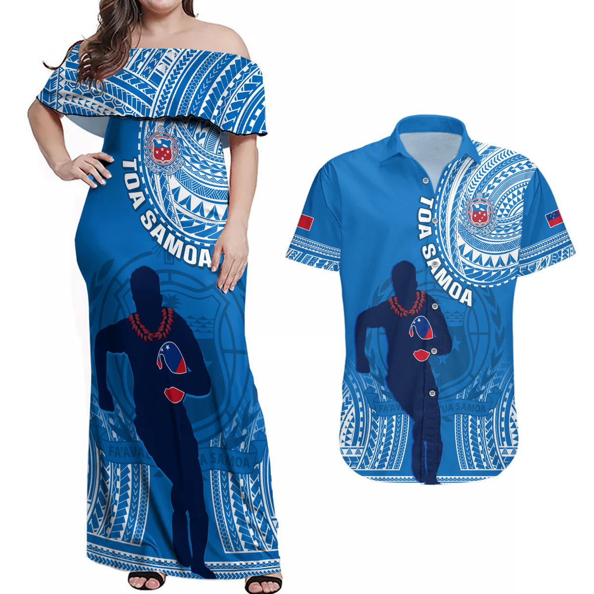 Custom Samoa Rugby Couples Matching Off Shoulder Maxi Dress and Hawaiian Shirt Pacific 2023 Go Toa Samoa - Wonder Print Shop