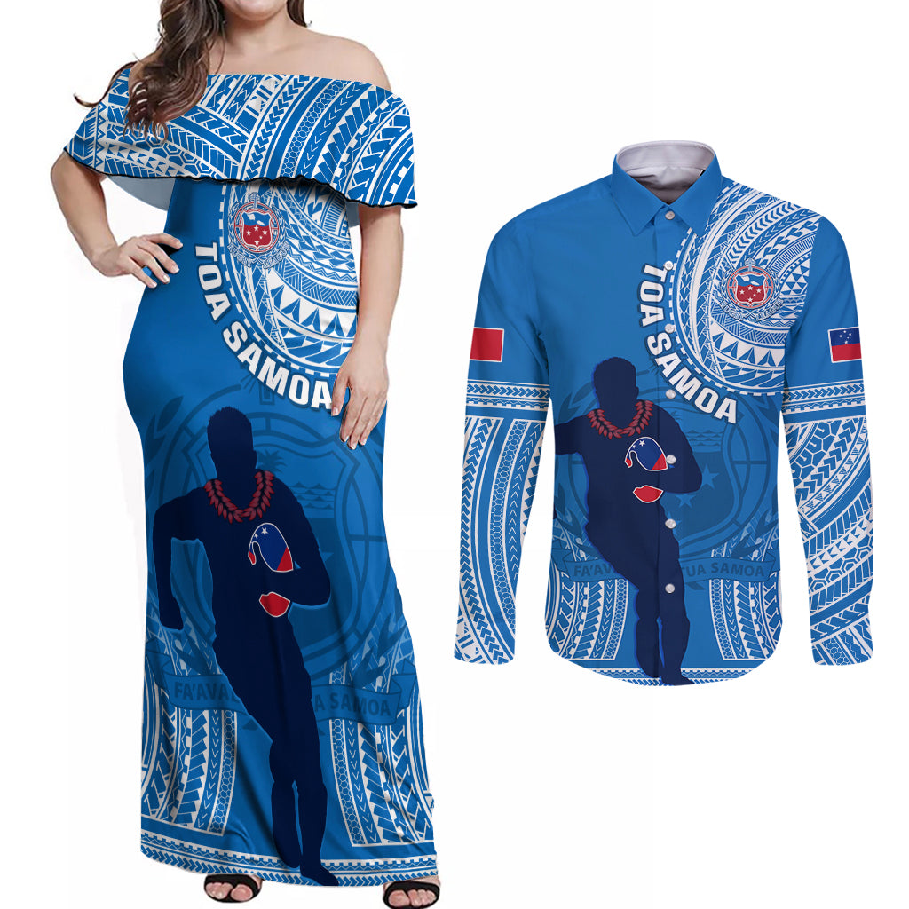 Custom Samoa Rugby Couples Matching Off Shoulder Maxi Dress and Long Sleeve Button Shirts Pacific 2023 Go Toa Samoa - Wonder Print Shop