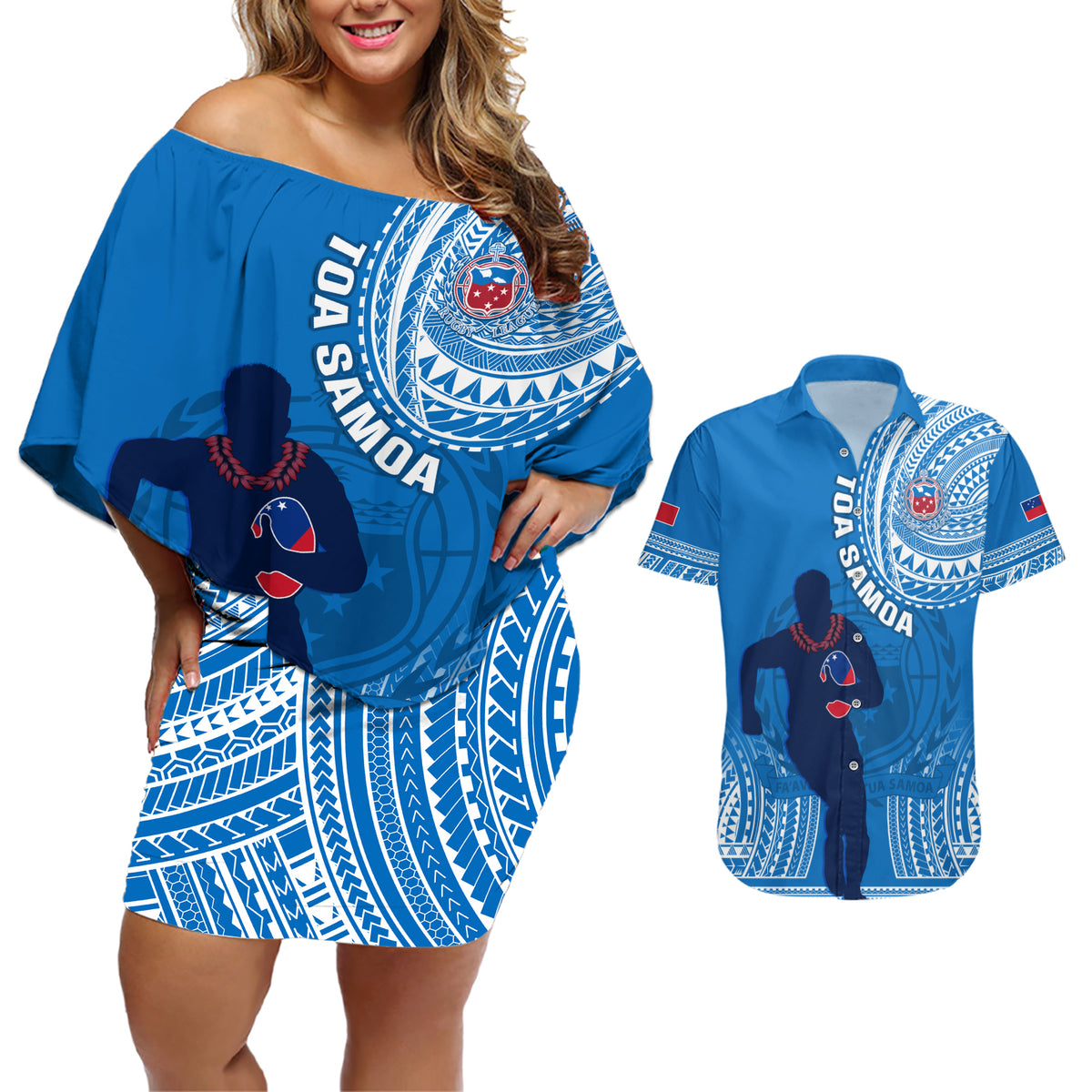 Custom Samoa Rugby Couples Matching Off Shoulder Short Dress and Hawaiian Shirt Pacific 2023 Go Toa Samoa - Wonder Print Shop