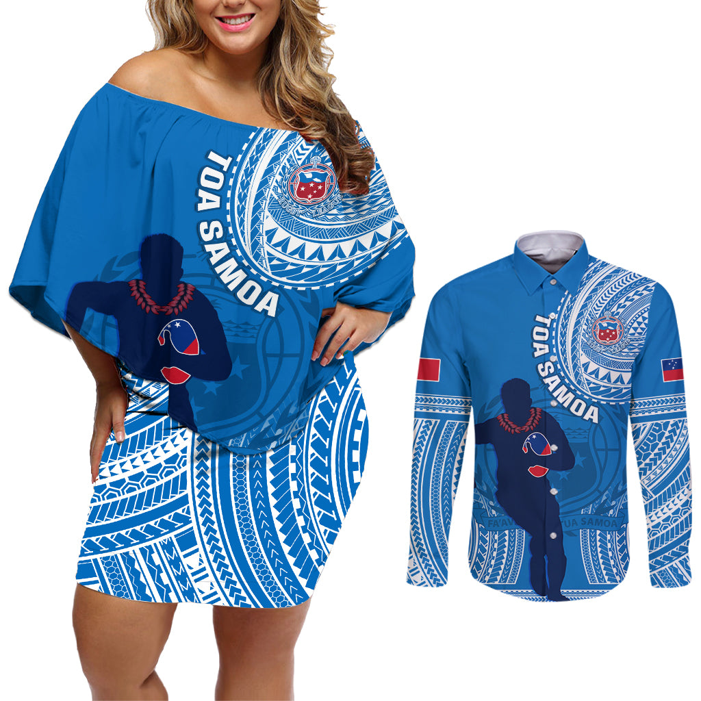 Custom Samoa Rugby Couples Matching Off Shoulder Short Dress and Long Sleeve Button Shirts Pacific 2023 Go Toa Samoa - Wonder Print Shop
