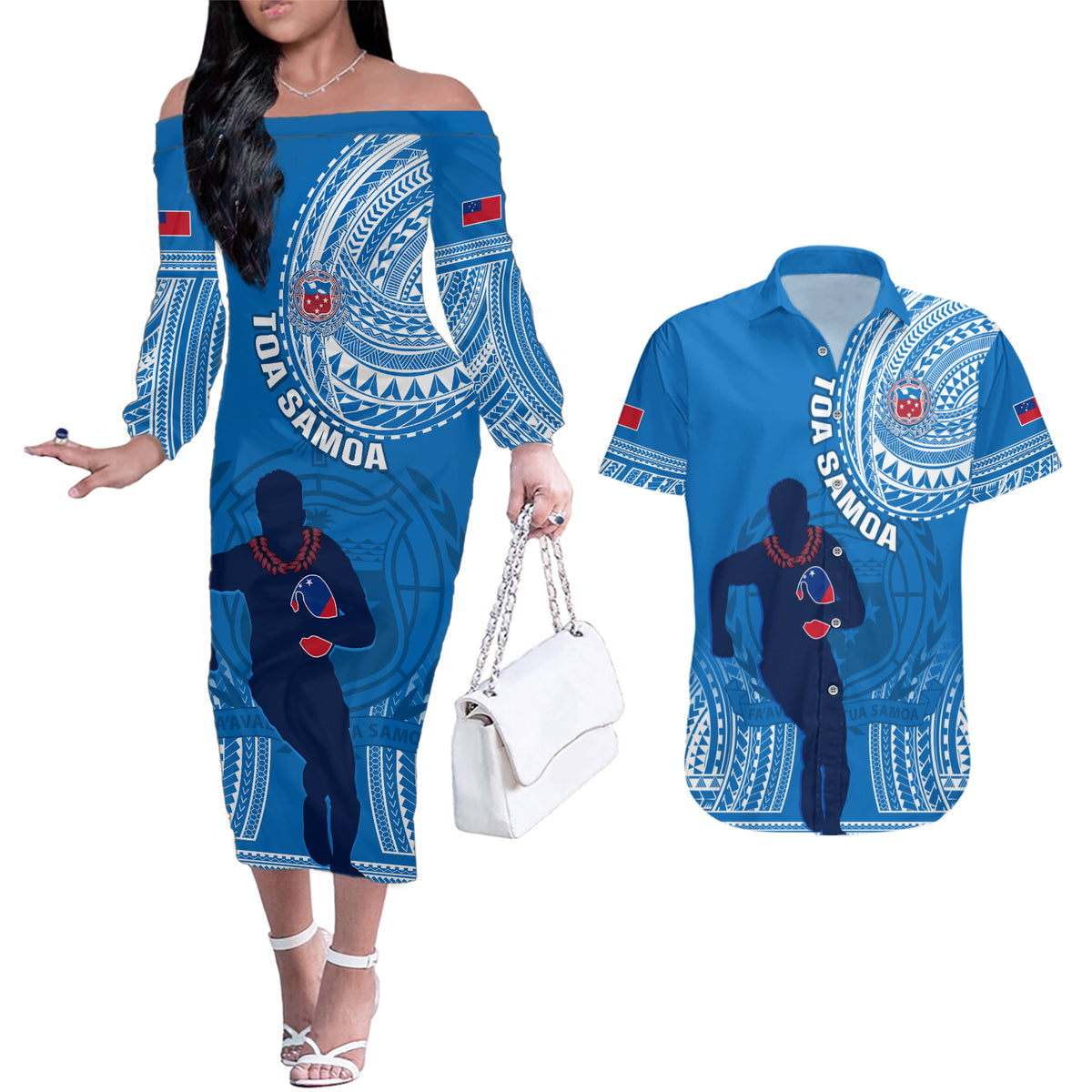 Custom Samoa Rugby Couples Matching Off The Shoulder Long Sleeve Dress and Hawaiian Shirt Pacific 2023 Go Toa Samoa - Wonder Print Shop