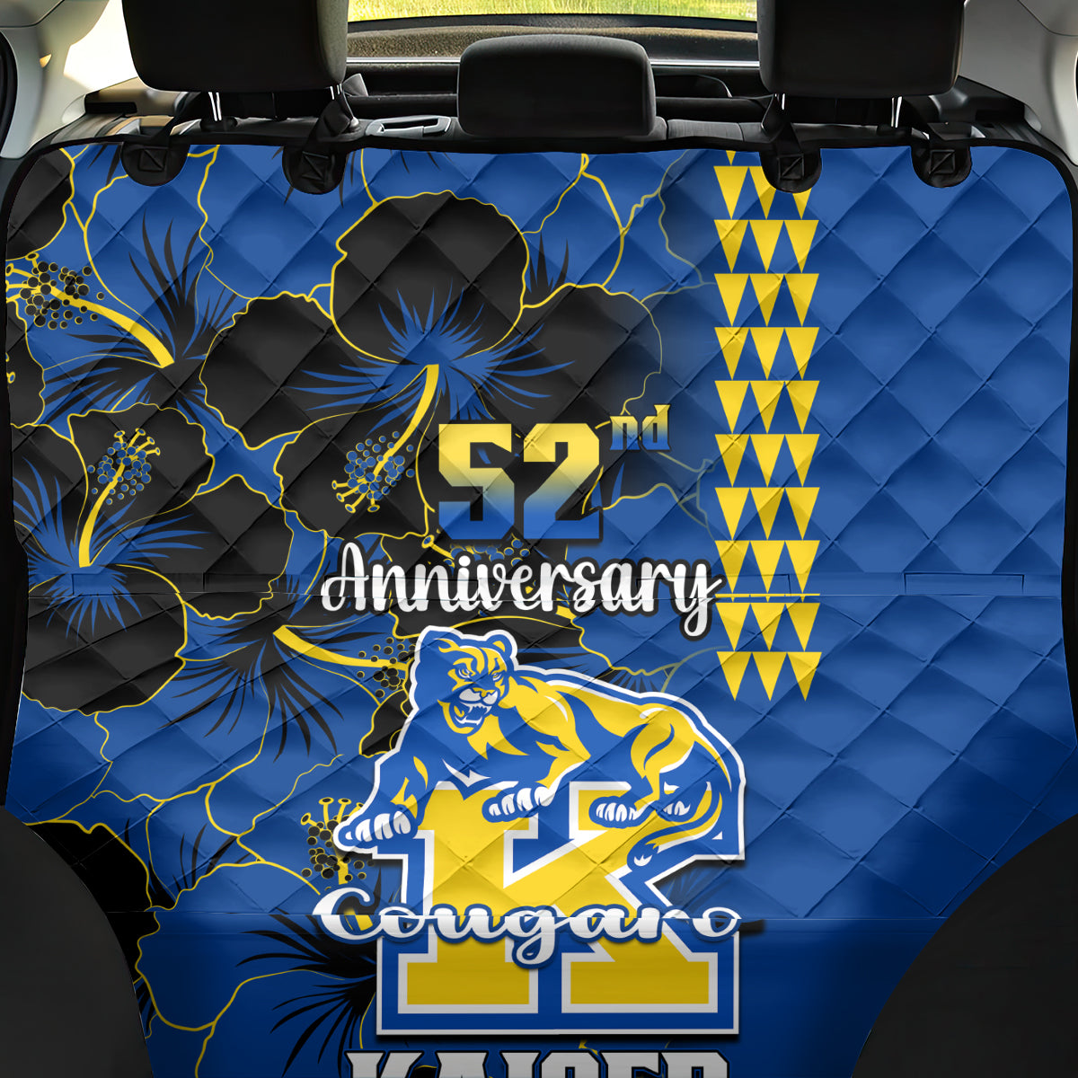 Hawaii Kaiser High School Back Car Seat Cover Kakau Mix Hibiscus Happy 52nd Anniversary - Wonder Print Shop