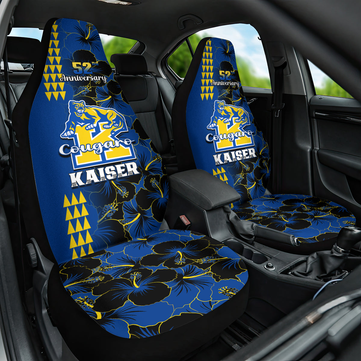 Hawaii Kaiser High School Car Seat Cover Kakau Mix Hibiscus Happy 52nd Anniversary - Wonder Print Shop