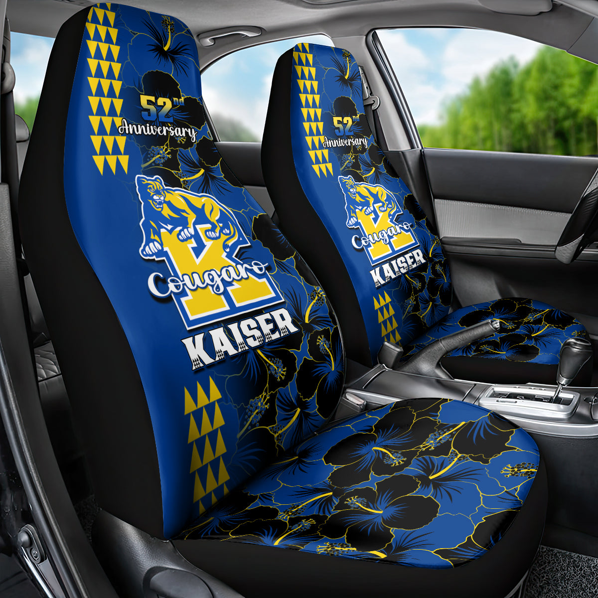 Hawaii Kaiser High School Car Seat Cover Kakau Mix Hibiscus Happy 52nd Anniversary - Wonder Print Shop