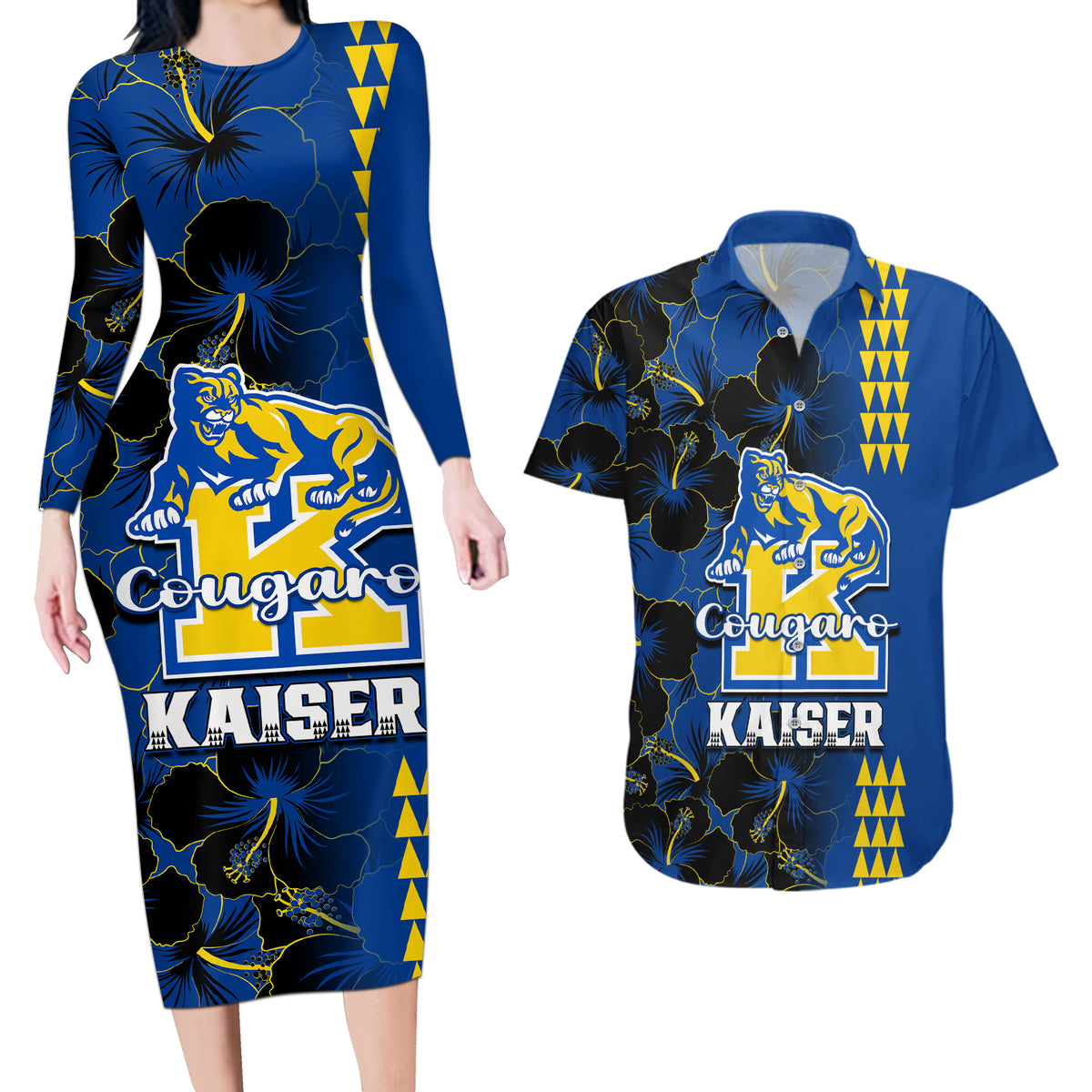 Hawaii Kaiser High School Couples Matching Long Sleeve Bodycon Dress and Hawaiian Shirt Kakau Mix Hibiscus Happy 52nd Anniversary - Wonder Print Shop