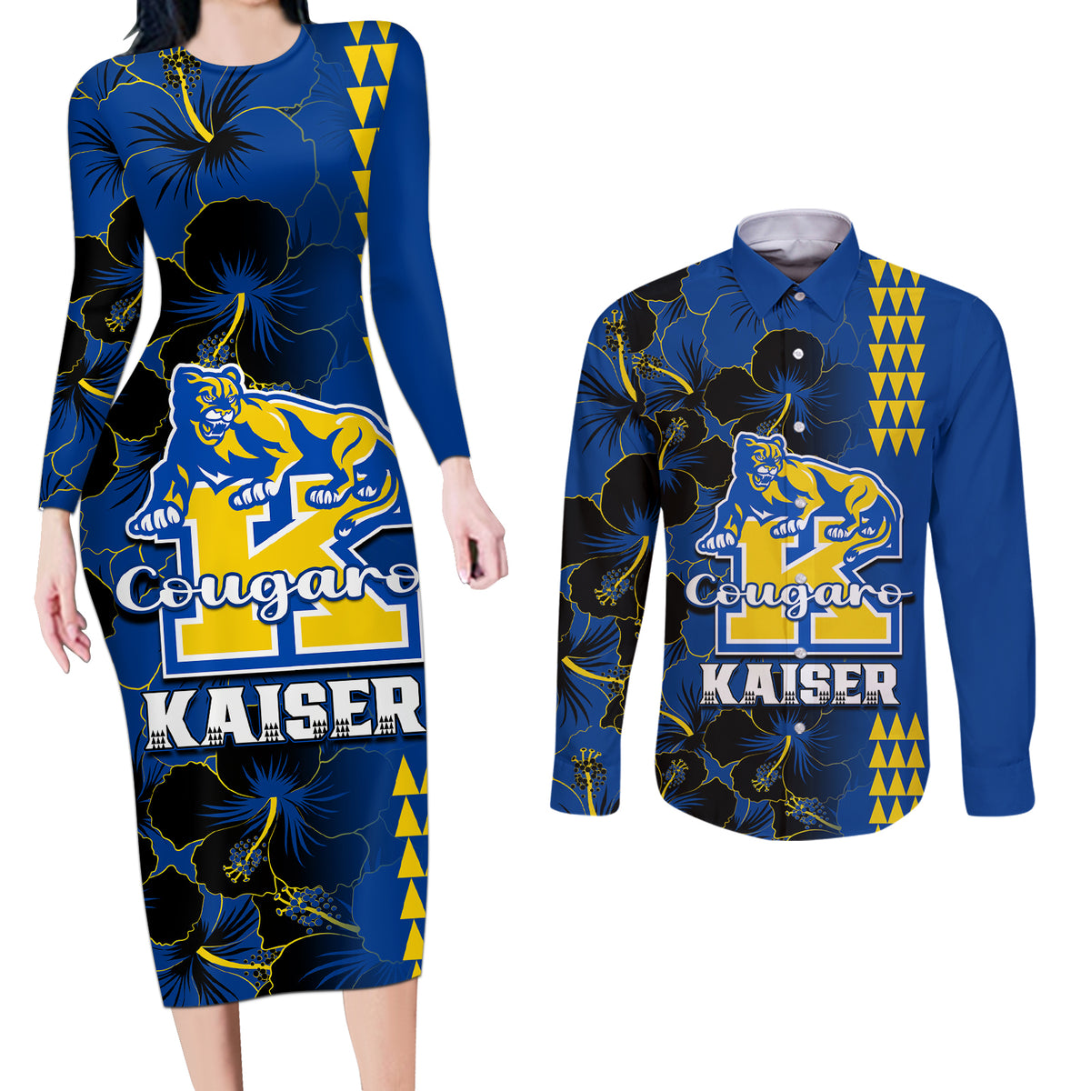 Hawaii Kaiser High School Couples Matching Long Sleeve Bodycon Dress and Long Sleeve Button Shirts Kakau Mix Hibiscus Happy 52nd Anniversary - Wonder Print Shop