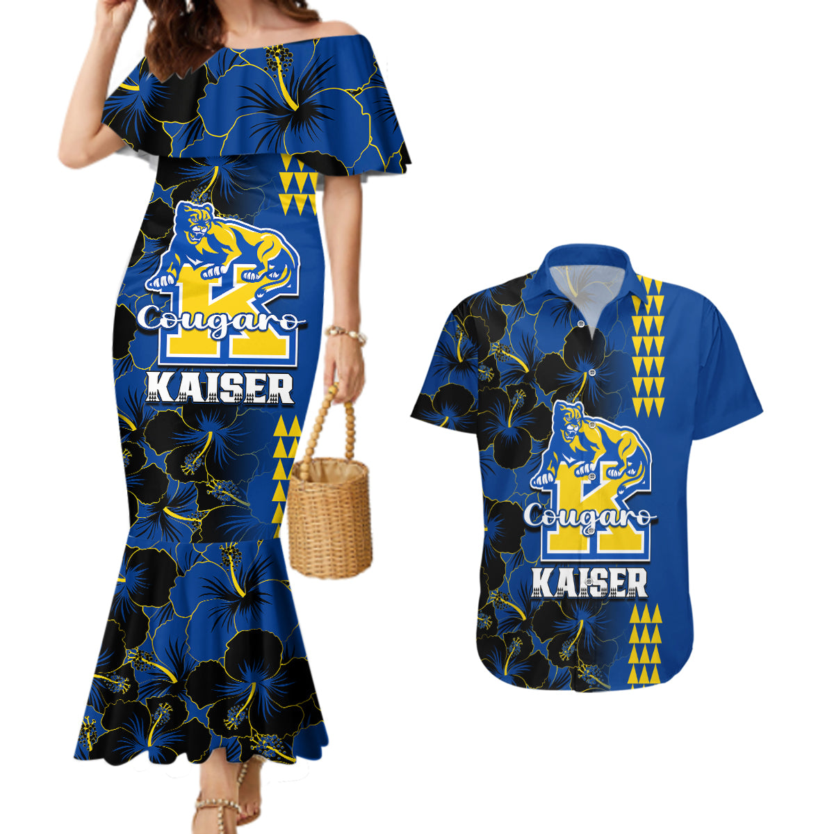Hawaii Kaiser High School Couples Matching Mermaid Dress and Hawaiian Shirt Kakau Mix Hibiscus Happy 52nd Anniversary - Wonder Print Shop