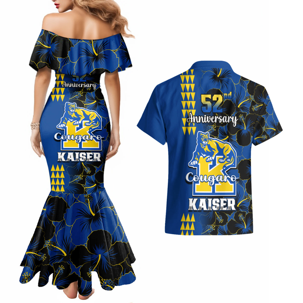 Hawaii Kaiser High School Couples Matching Mermaid Dress and Hawaiian Shirt Kakau Mix Hibiscus Happy 52nd Anniversary - Wonder Print Shop
