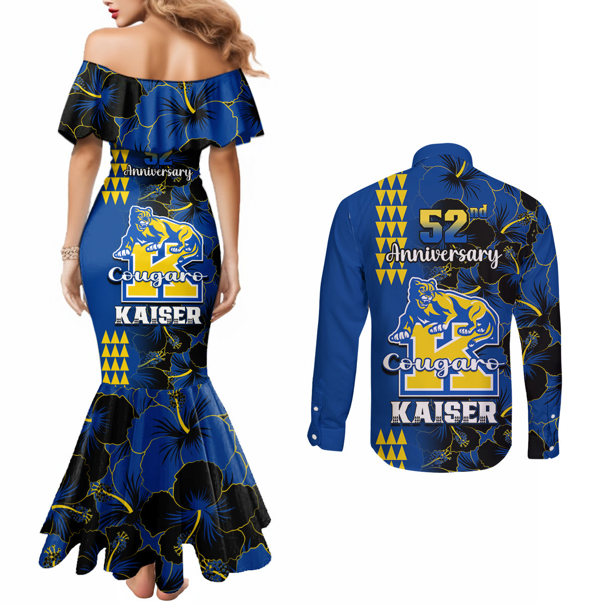 hawaii-kaiser-high-school-couples-matching-mermaid-dress-and-long-sleeve-button-shirts-kakau-mix-hibiscus-happy-52nd-anniversary