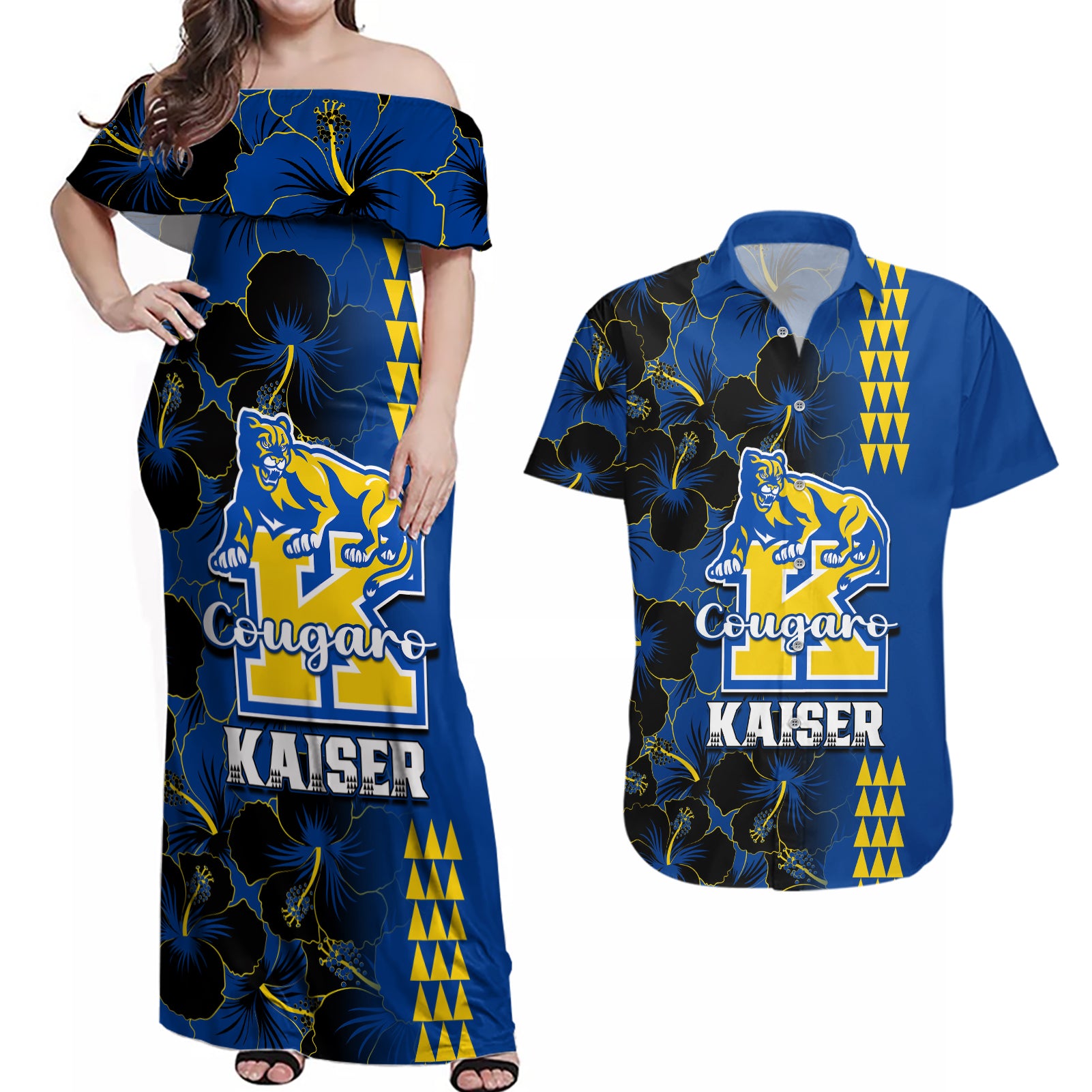 Hawaii Kaiser High School Couples Matching Off Shoulder Maxi Dress and Hawaiian Shirt Kakau Mix Hibiscus Happy 52nd Anniversary - Wonder Print Shop