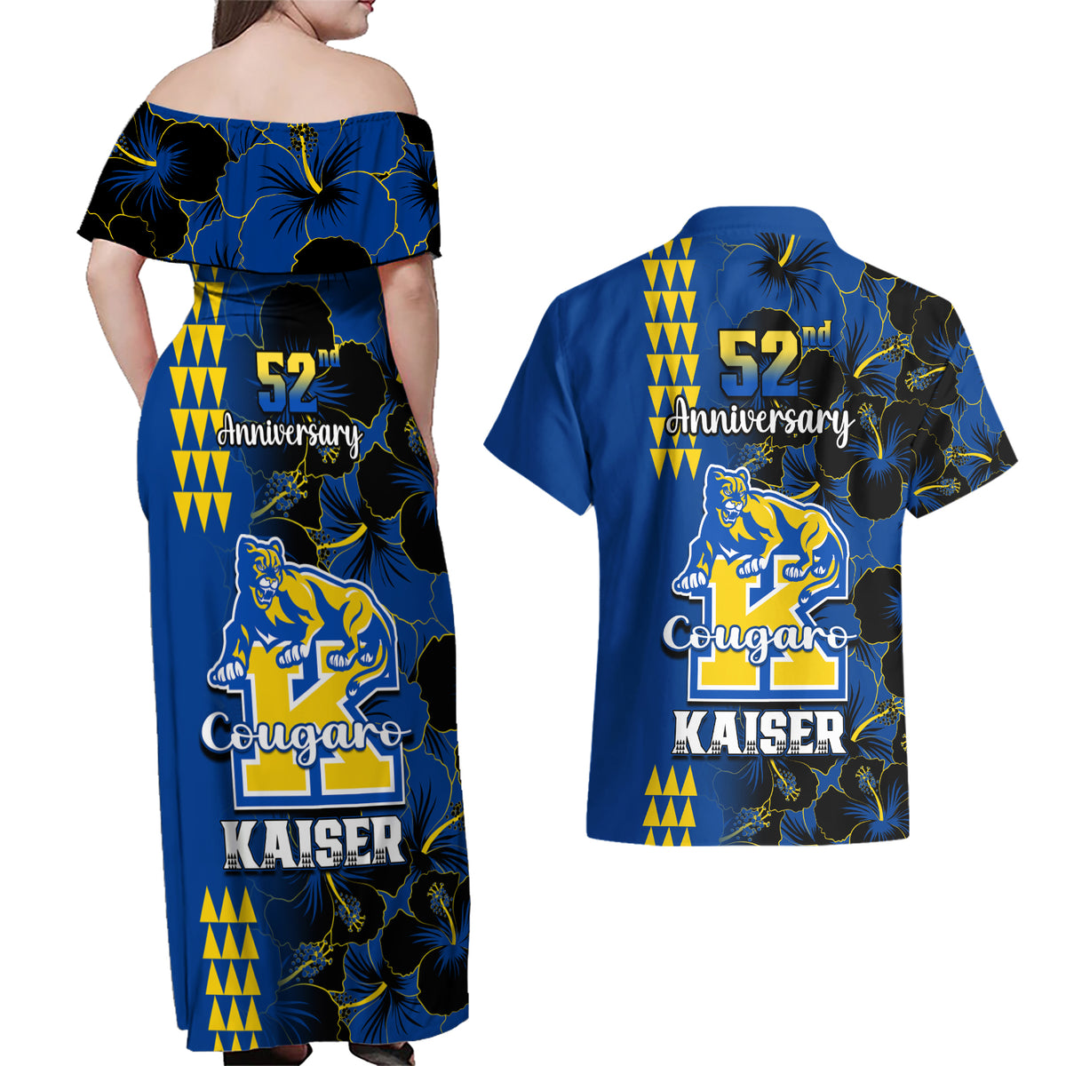 Hawaii Kaiser High School Couples Matching Off Shoulder Maxi Dress and Hawaiian Shirt Kakau Mix Hibiscus Happy 52nd Anniversary - Wonder Print Shop